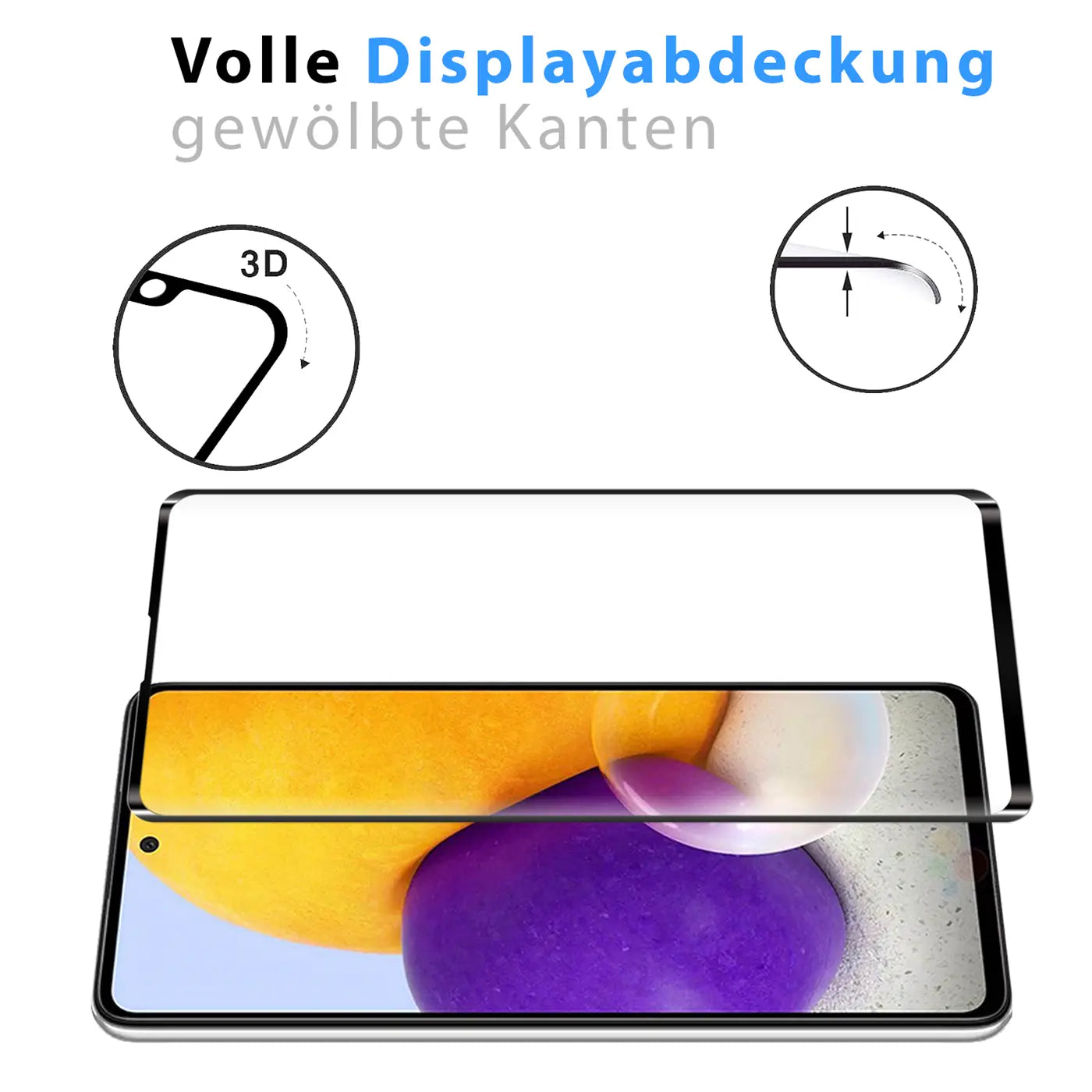Samsung Galaxy A51 mit schwarzem Fullscreen Panzerglas (Glas) von oben; Detailskizzen zeigen 3D-Wölbung.
