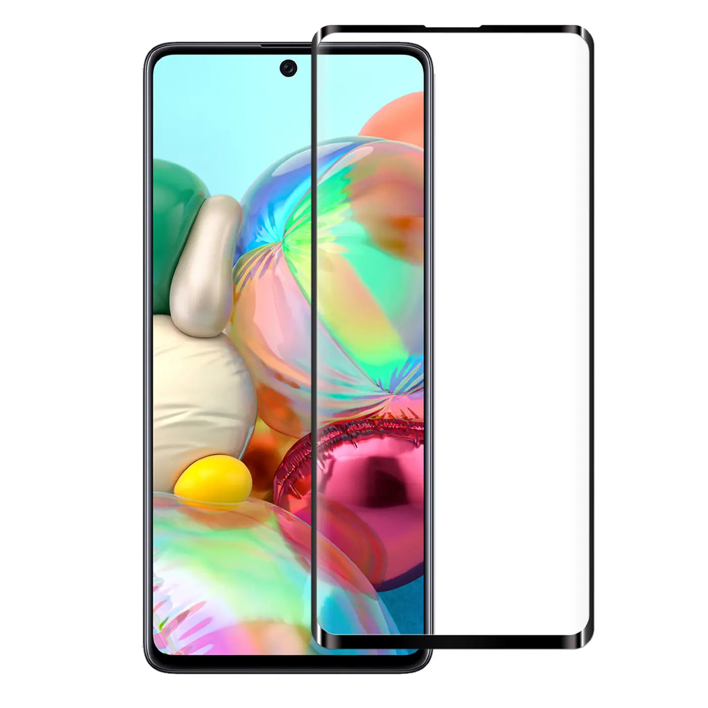 Schwarzes Panzerglas für Samsung Galaxy A52/A52 5G/A52S 5G, von vorne rechts neben einem Smartphone.