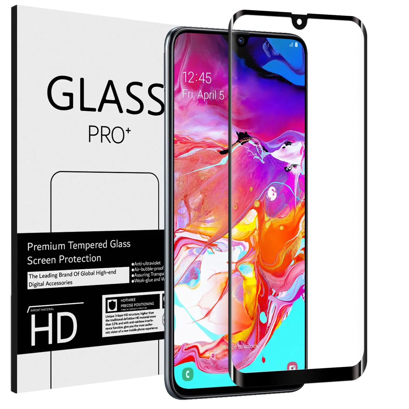 Schwarzes Panzerglas für Samsung Galaxy A70/A70s, mit weißer Verpackung und einem Handy mit buntem Display.