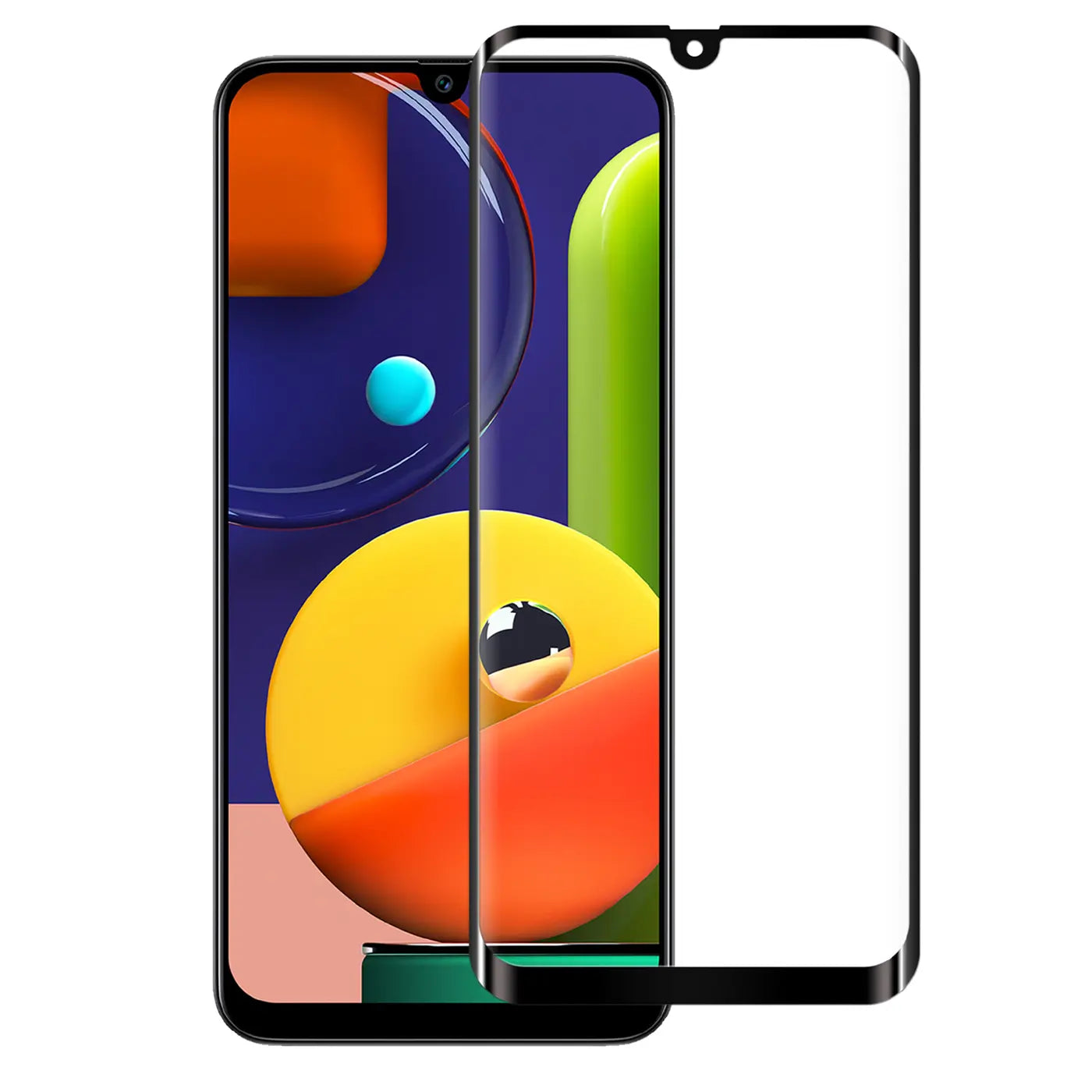 Schwarzes Panzerglas für Samsung Galaxy A70/A70s, frontal rechts neben einem Smartphone-Display mit bunten Kreisen.