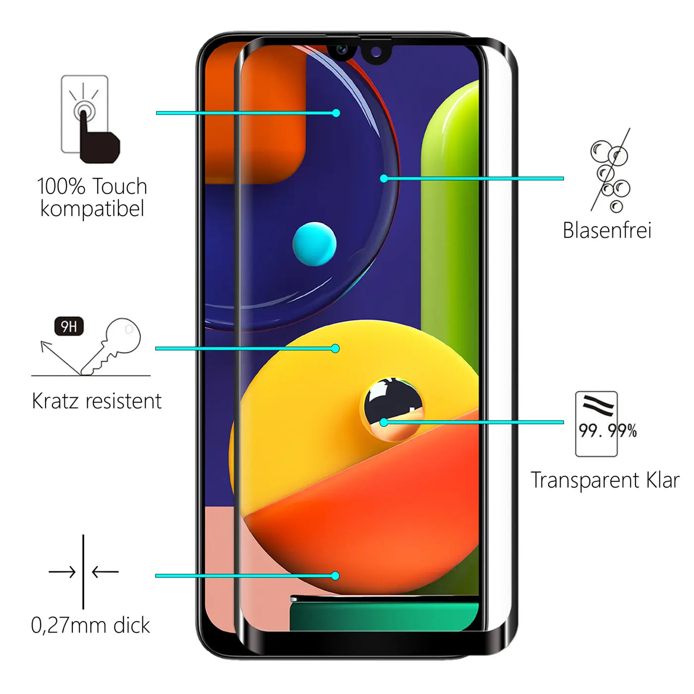 Transparentes Panzerglas für Samsung Galaxy A70/A70s, frontal auf schwarzem Smartphone, mit Infografiken.