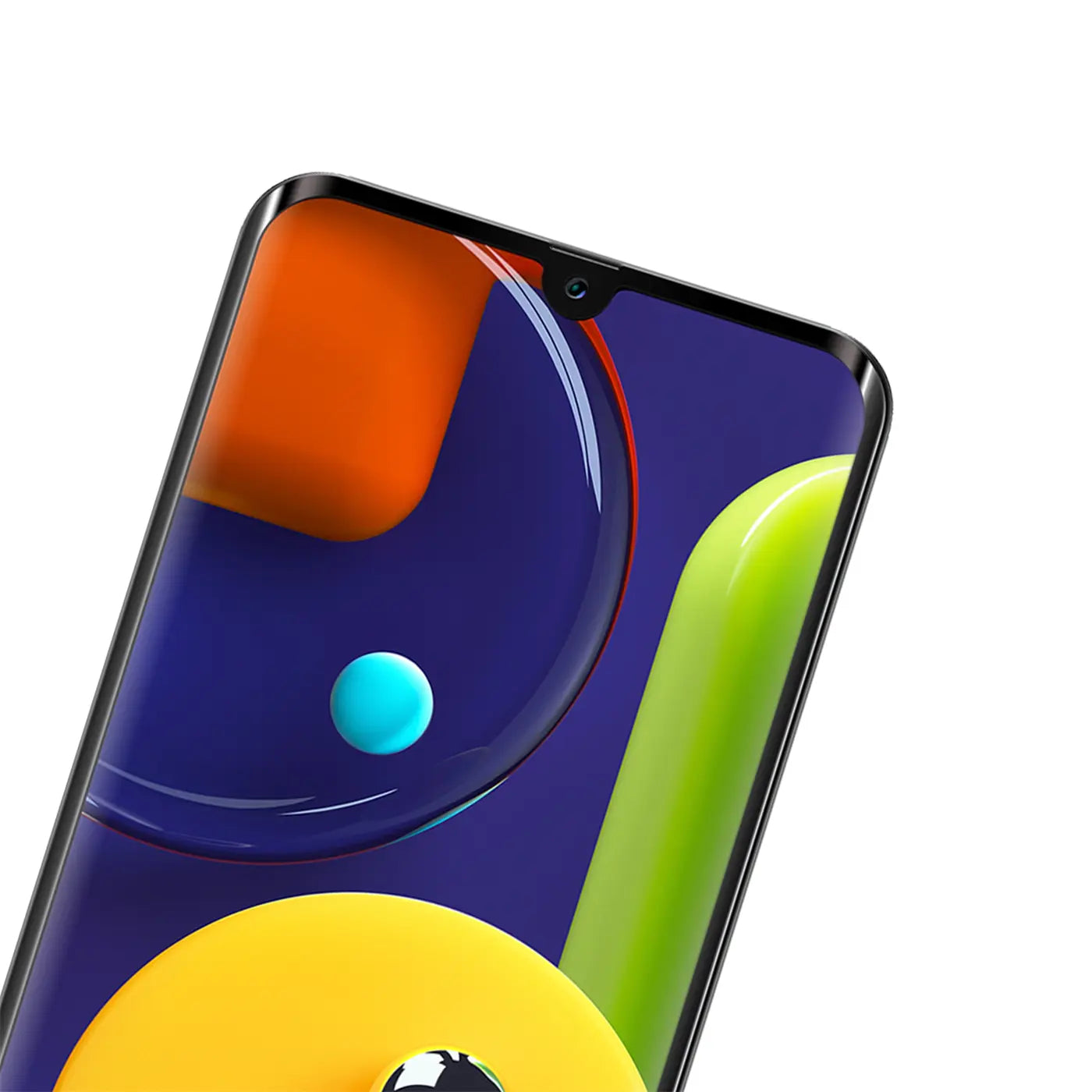 Schwarzes Panzerglas auf einem Samsung Galaxy A70/A70s Display, schräg von oben rechts fotografiert.