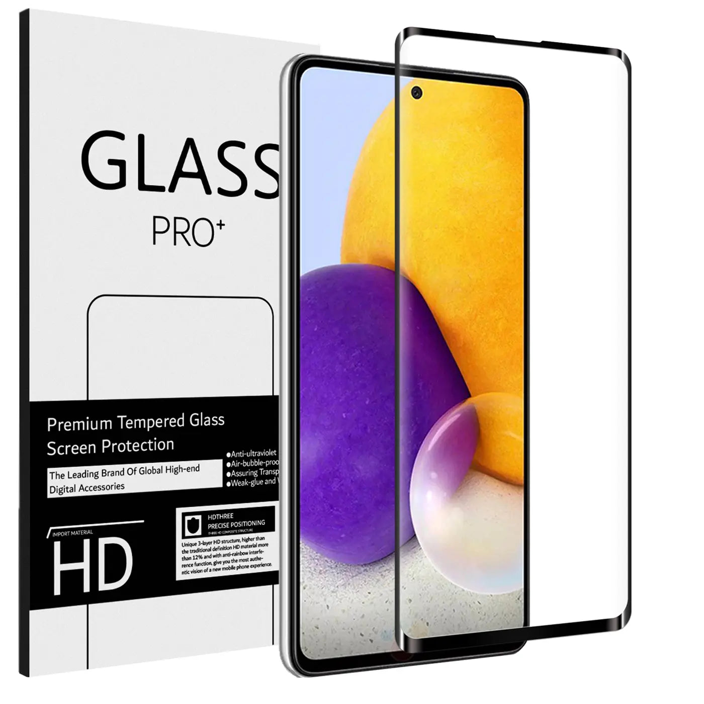 Weißes Panzerglas für Samsung Galaxy A72, schräg von vorne, mit Verpackung und einem Smartphone im Hintergrund.