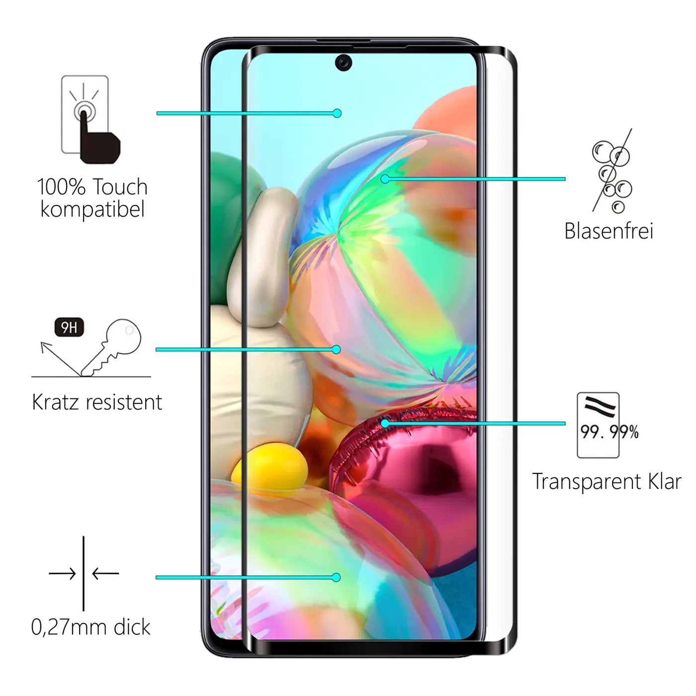 Samsung Galaxy A72 mit transparentem Panzerglas, Frontansicht. Links und rechts Produktmerkmale mit Icons.