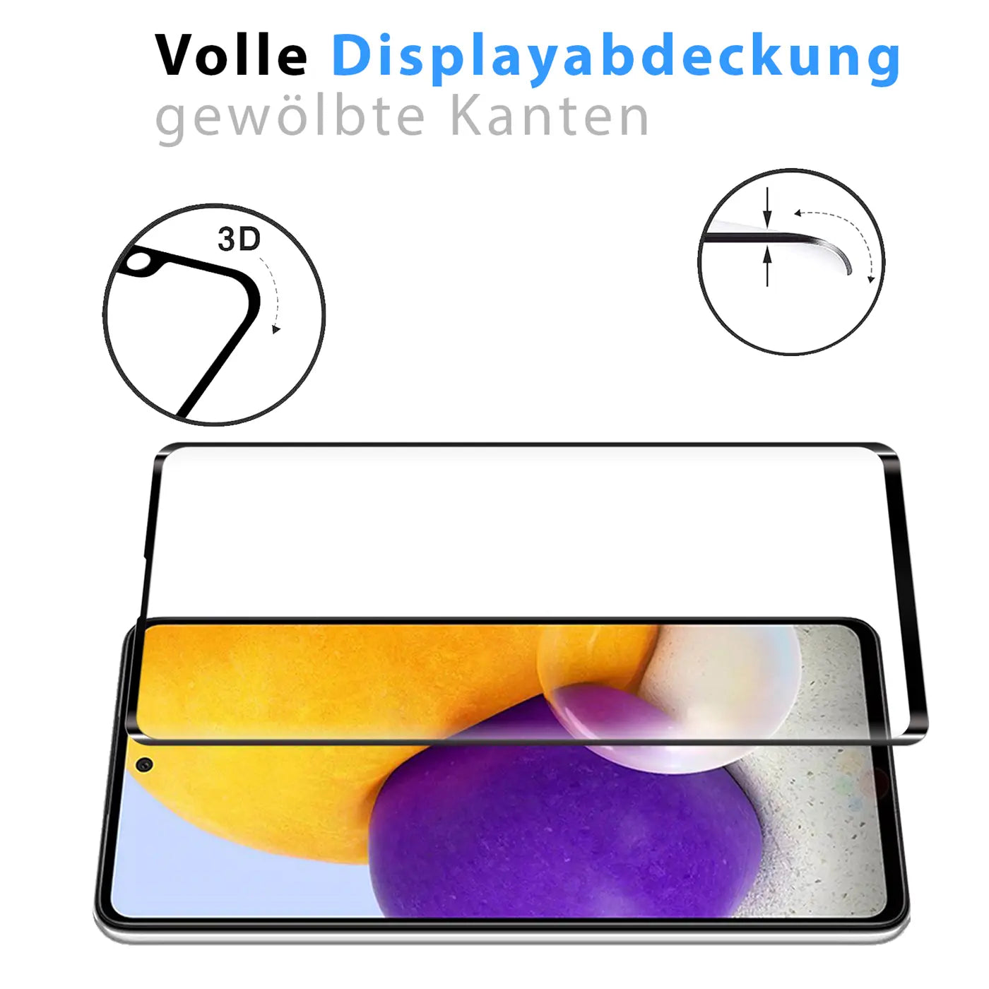 Samsung Galaxy A72 mit schwarzem Panzerglas, das Display und gewölbte Kanten bedeckt. 3D-Ansicht der Kante.