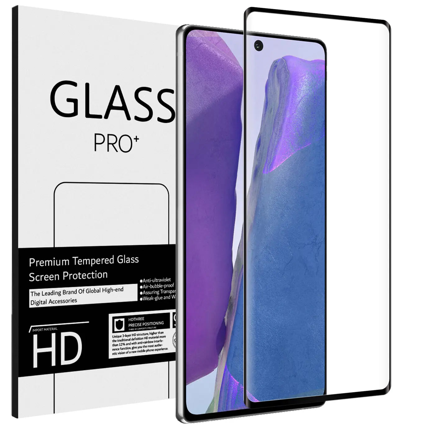 Verpackung für "GLASS PRO+" Panzerglas, daneben ein Samsung Galaxy Note 20 und eine separate Panzerglasfolie.
