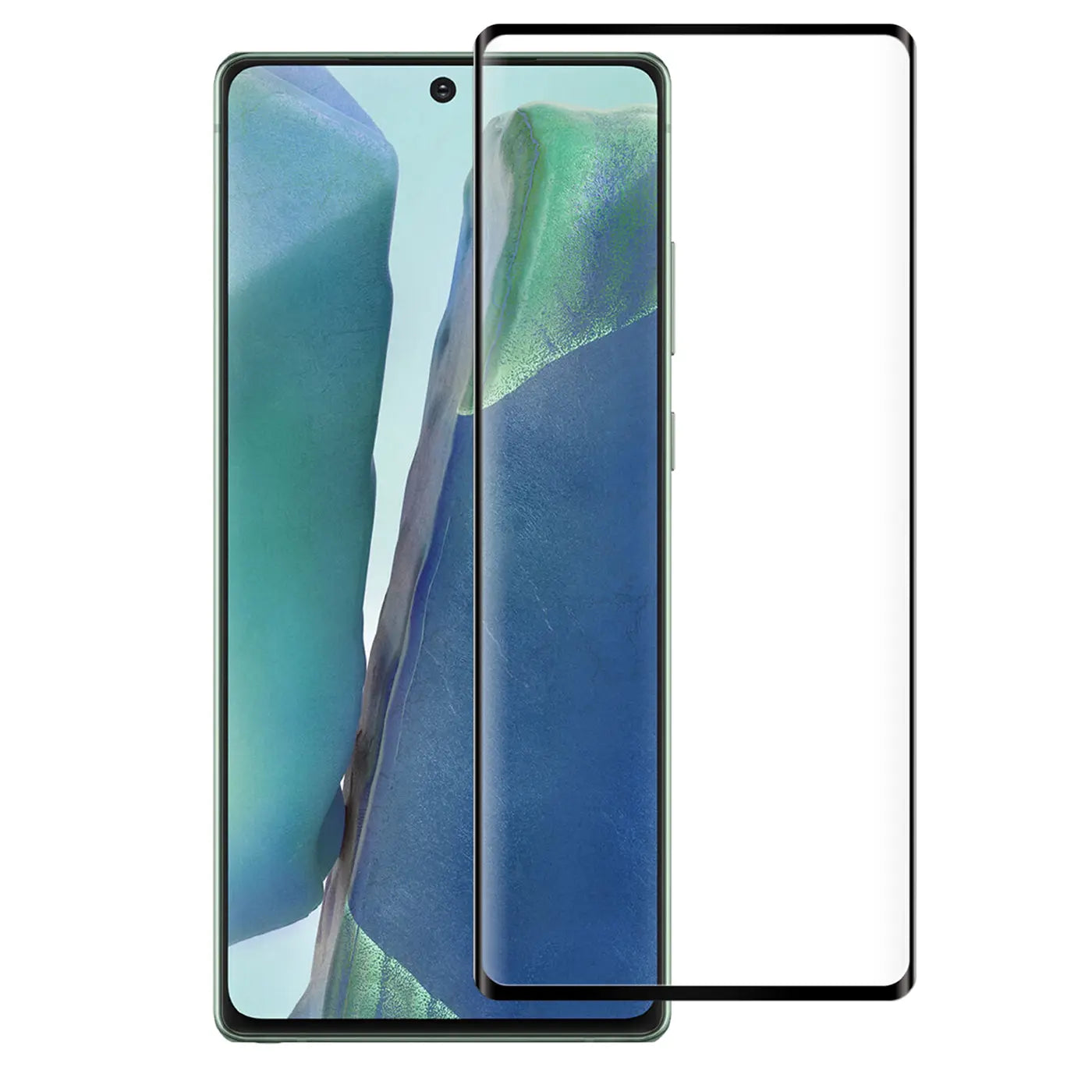 Schwarzes Panzerglas für Samsung Galaxy Note 20, frontal neben einem Smartphone mit blauem Hintergrund.