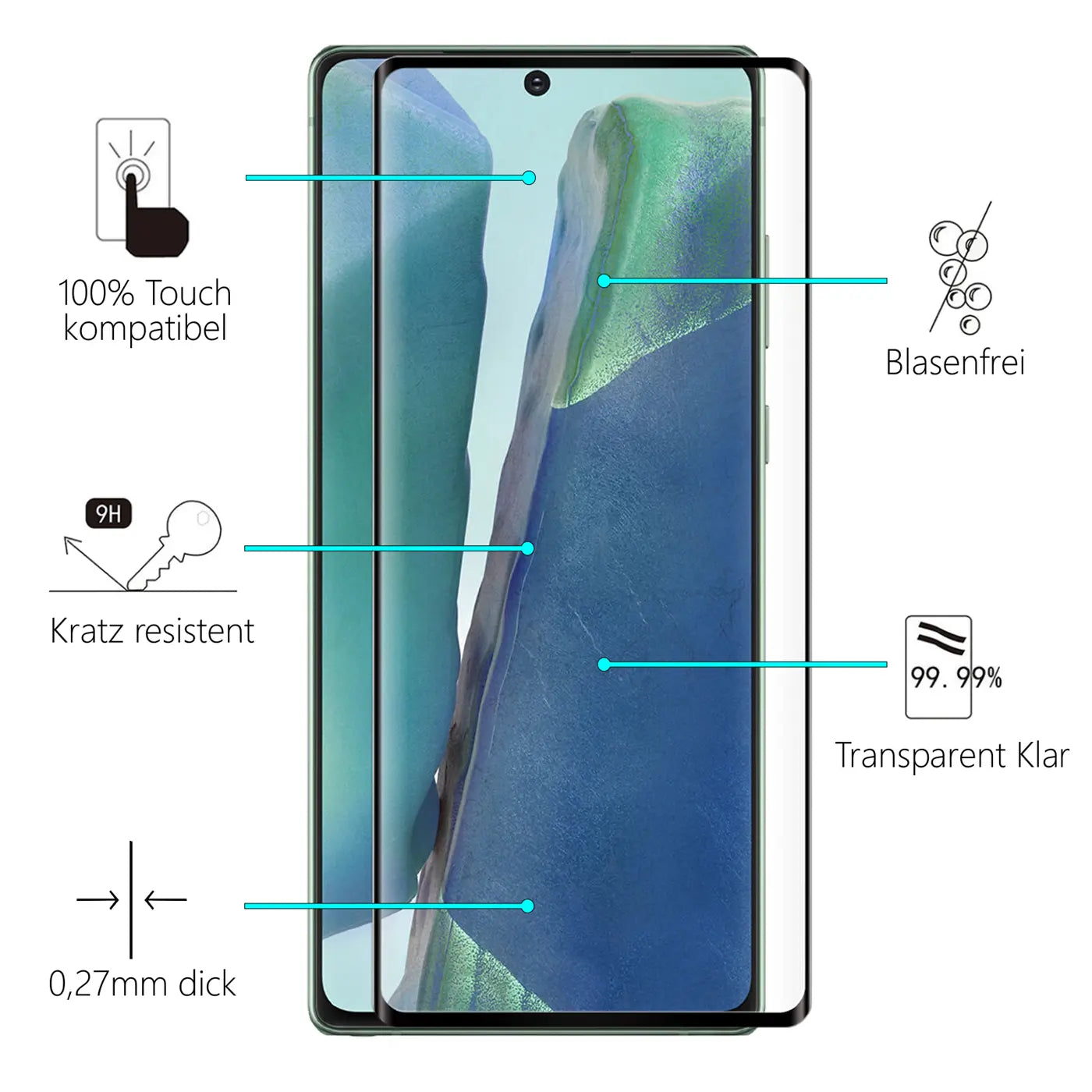 Transparentes Panzerglas für Samsung Galaxy Note 20, frontal auf dem Display, mit Eigenschaften wie 9H Härte.