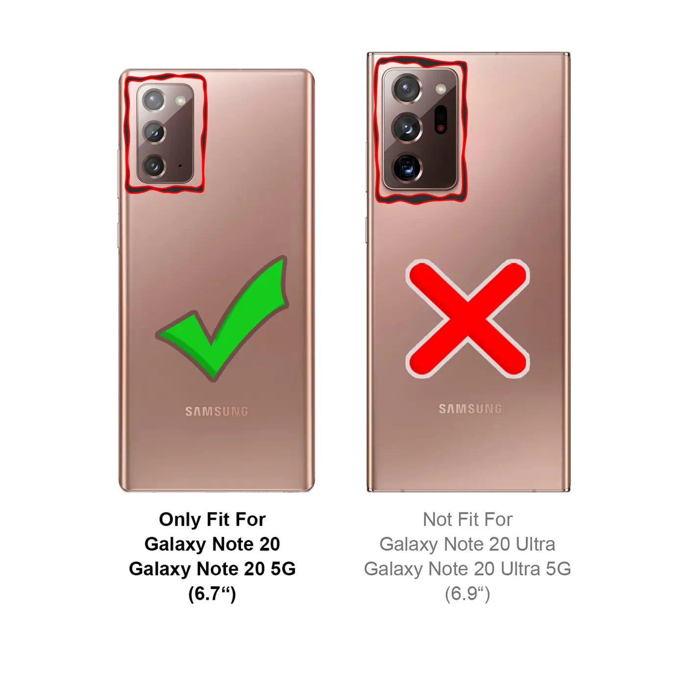 Zwei goldene Samsung Galaxy Note Rückseiten, von oben. Links mit Haken für Note 20, rechts mit X für Note 20 Ultra.