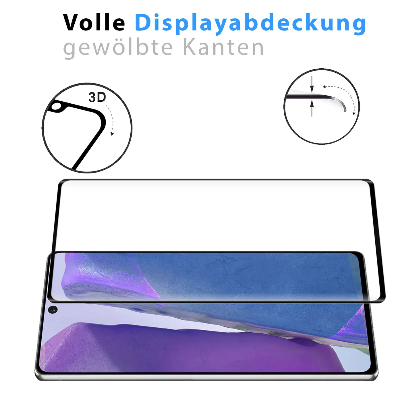 Transparentes Panzerglas für Samsung Galaxy Note 20, von oben auf das Display gelegt. Oben 2 Detailansichten.