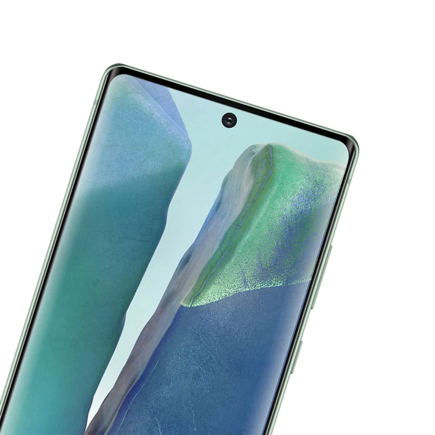 Nahaufnahme eines Samsung Galaxy Note 20 in Mintgrün mit aufgesetztem, transparentem Panzerglas, schräg von oben.