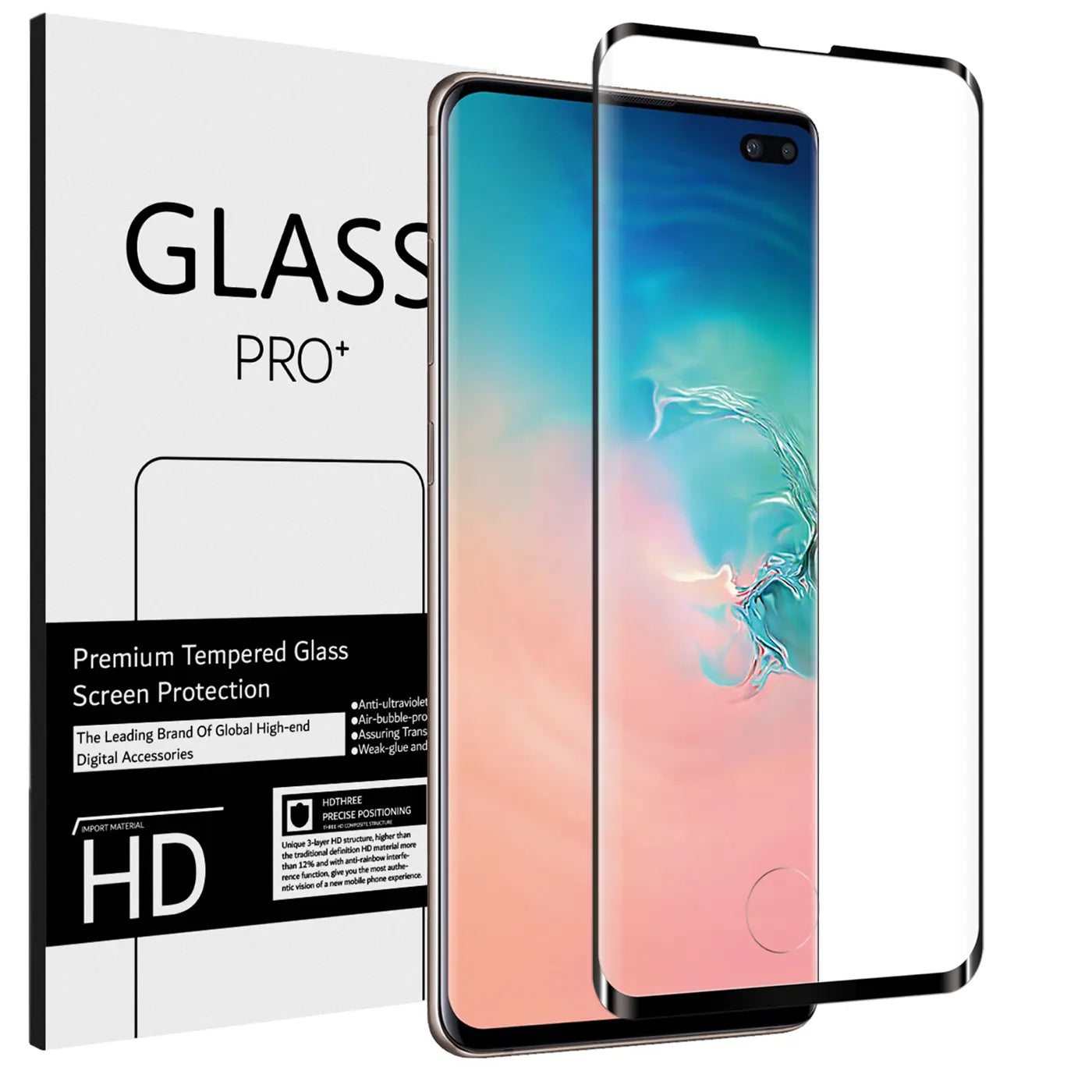 Nahaufnahme von einem Samsung Galaxy S10 mit einem transparenten Panzerglas und der weißen Produktverpackung.