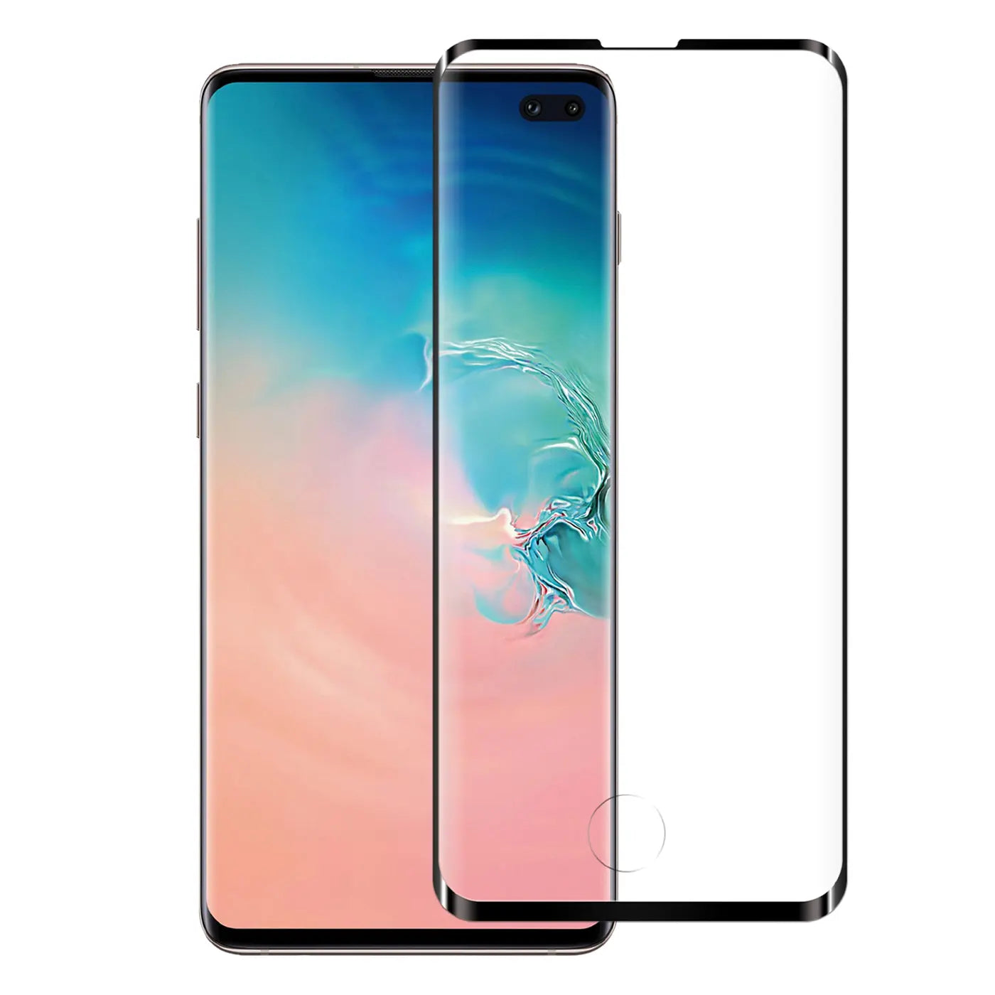 Samsung Galaxy S10 mit schwarzem, transparentem Panzerglas, von vorne, leicht schräg, auf weißem Hintergrund.