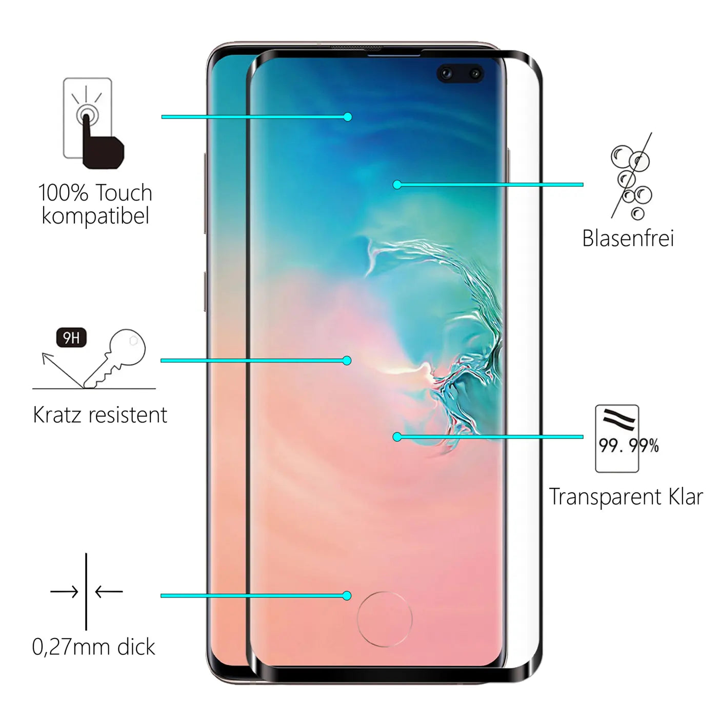 Transparentes Panzerglas für Samsung Galaxy S10, von vorne rechts auf dem Display liegend, mit Eigenschaften.
