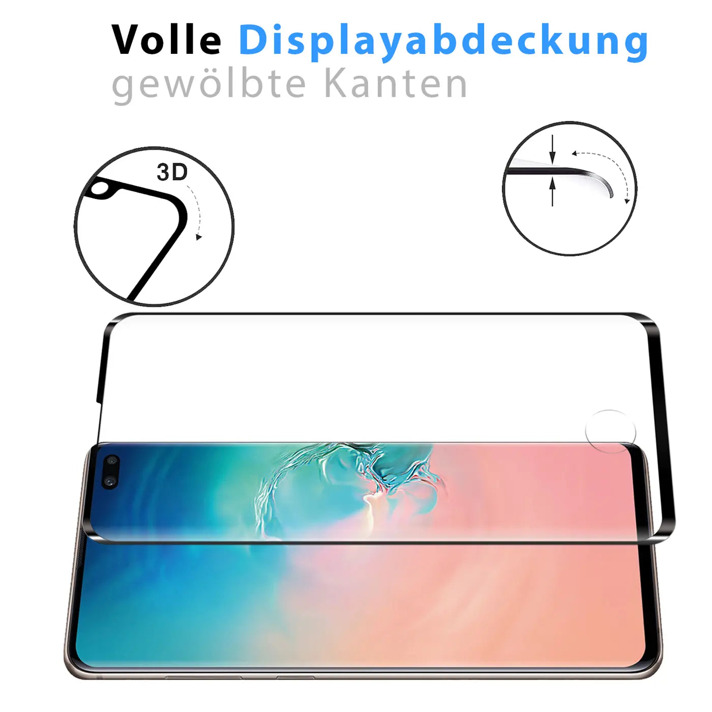 Transparentes Panzerglas mit schwarzen Rändern, von oben auf ein Samsung Galaxy S10 gelegt. Zeigt 3D-Wölbung und Dicke.
