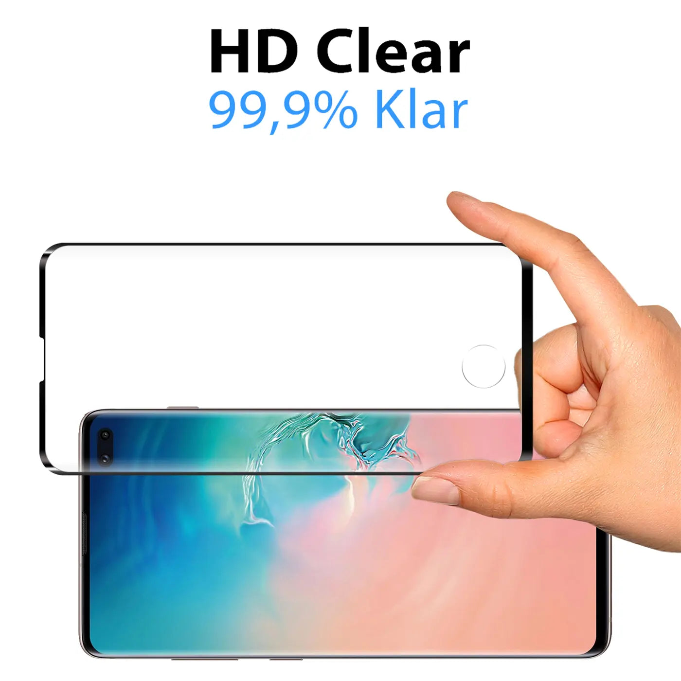 Hand hält klares Panzerglas über einem Samsung Galaxy S10 mit buntem Display, von vorne.