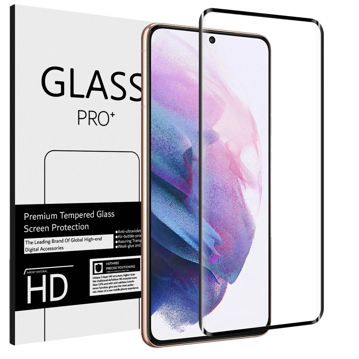 Weißer Karton mit "GLASS PRO+" Aufschrift, daneben ein goldfarbenes Samsung Galaxy S21 mit zwei schwarzen Panzergläsern.
