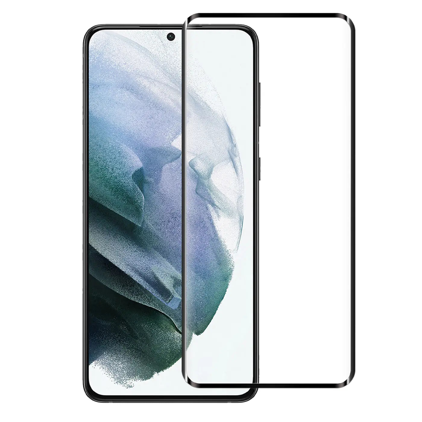 Schwarzes Samsung Galaxy S21 Plus von vorne, daneben ein transparentes Panzerglas mit schwarzem Rand.