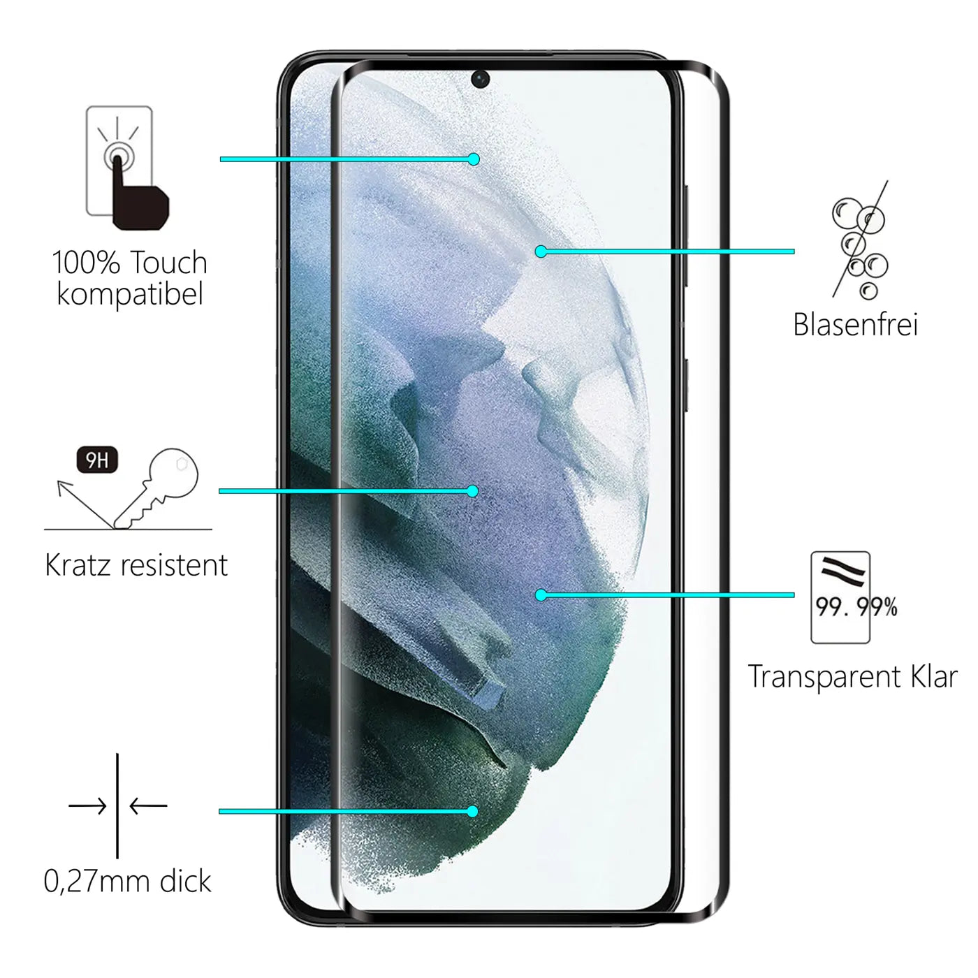 Samsung Galaxy S21 Plus mit schwarzem Fullscreen Panzerglas (9H, transparent) von vorne, mit Feature-Pfeilen.