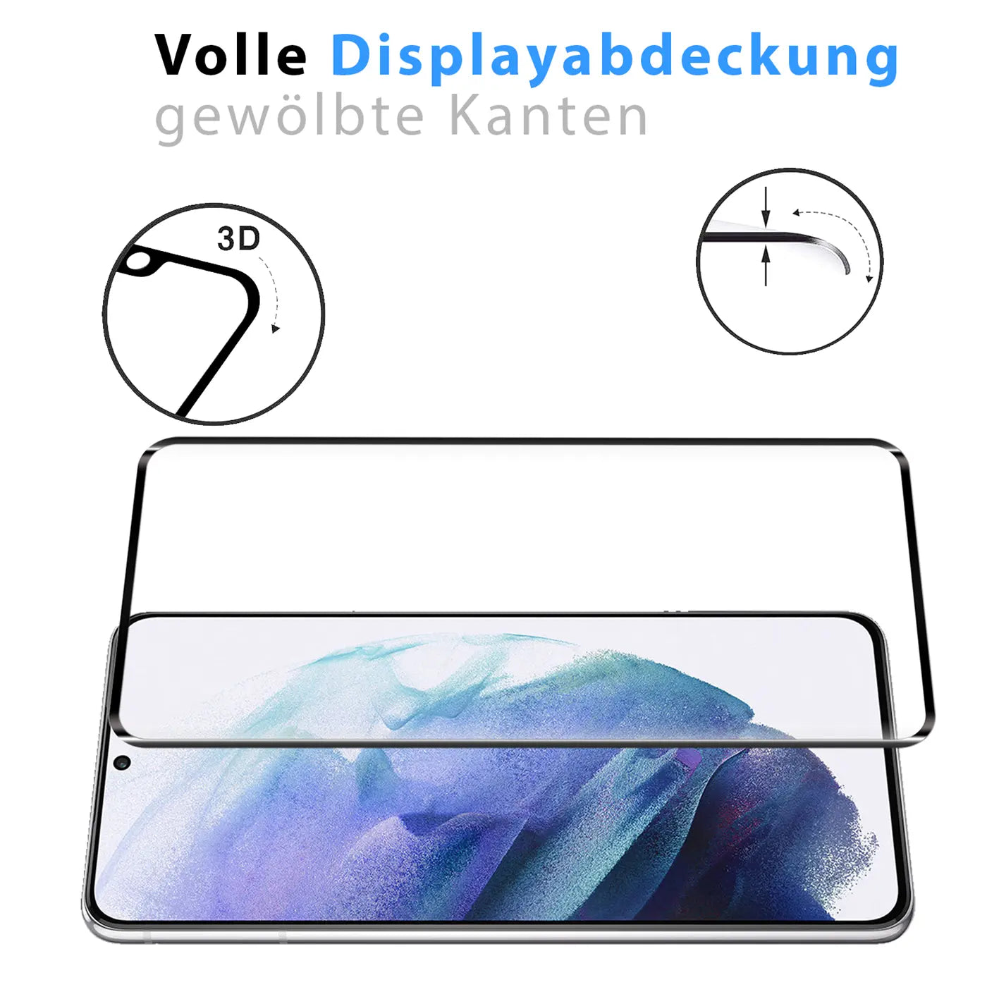 Transparentes Panzerglas für Samsung Galaxy S21 Plus, von oben auf das Display gelegt. Oben Skizzen der 3D-Kanten.