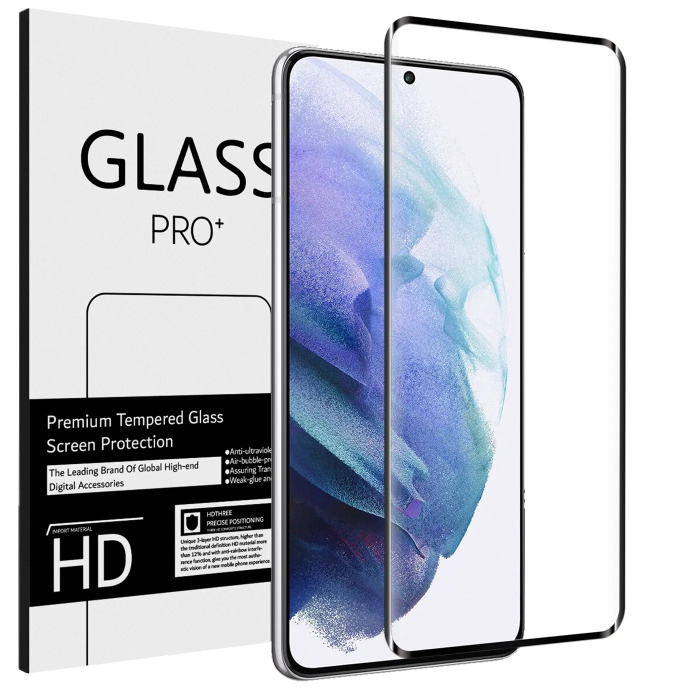 Schrägansicht: Zwei transparente Panzergläser für Samsung Galaxy S21 Ultra, eines auf Display, eines daneben, links weiße.