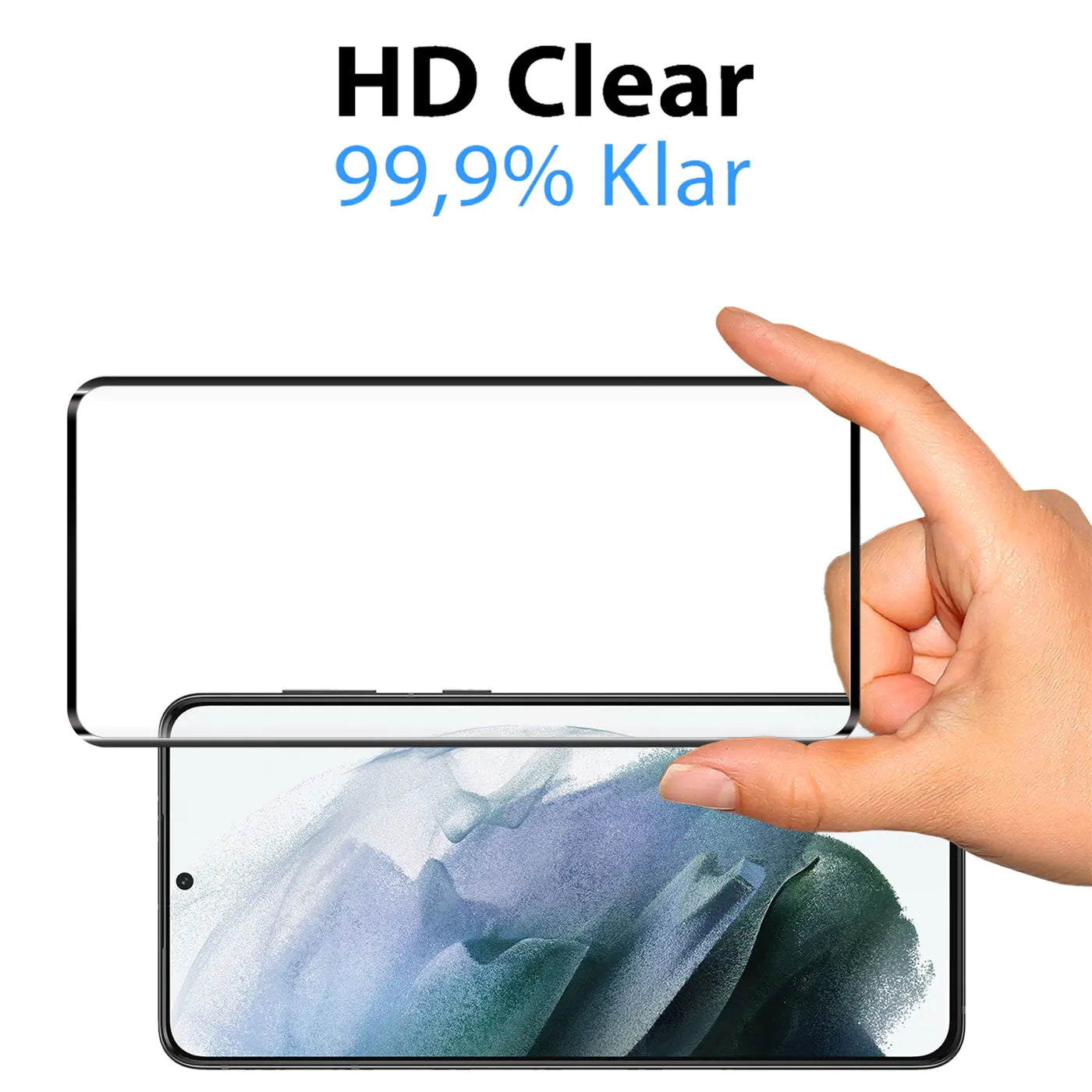Hand hält transparentes Panzerglas über einem Samsung Galaxy S21 Ultra von oben, Display mit blauem Hintergrundbild.