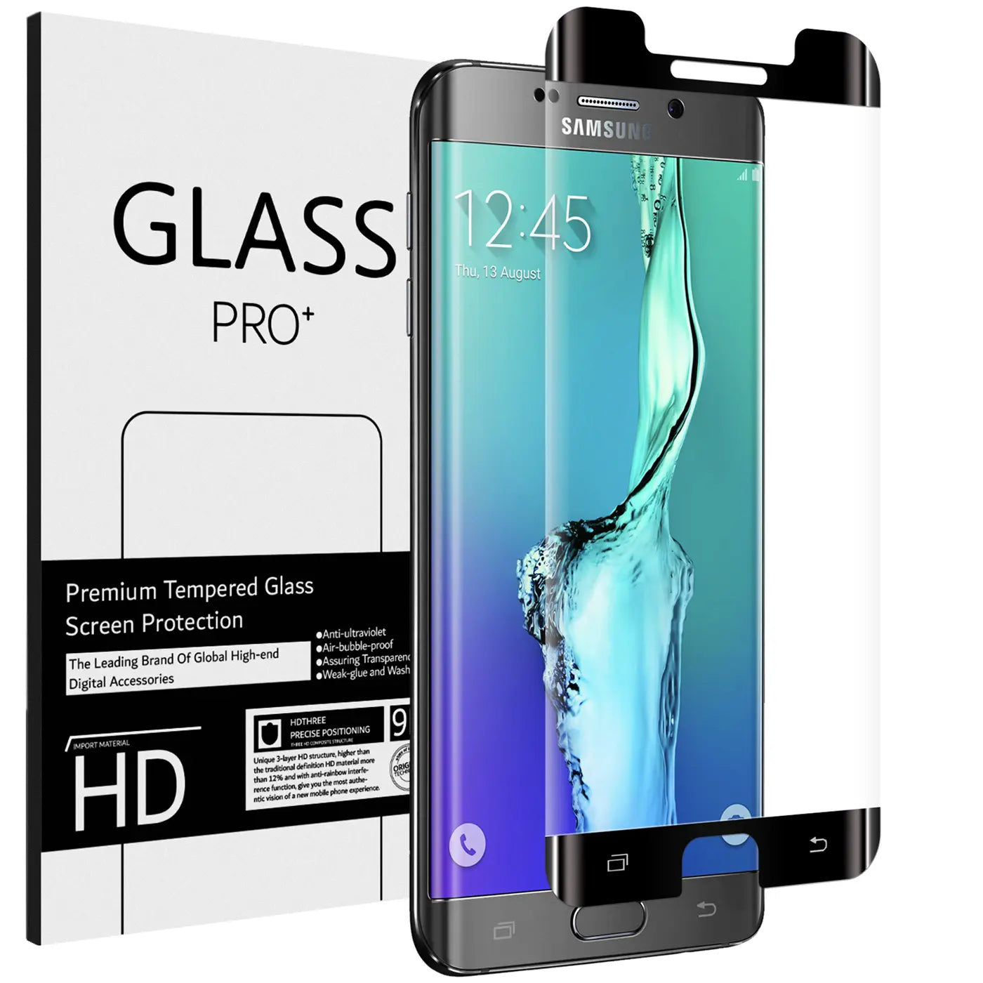 Schwarzes Panzerglas für Samsung Galaxy S6 Edge, von rechts schräg auf dem Display liegend, mit weißer Verpackung.