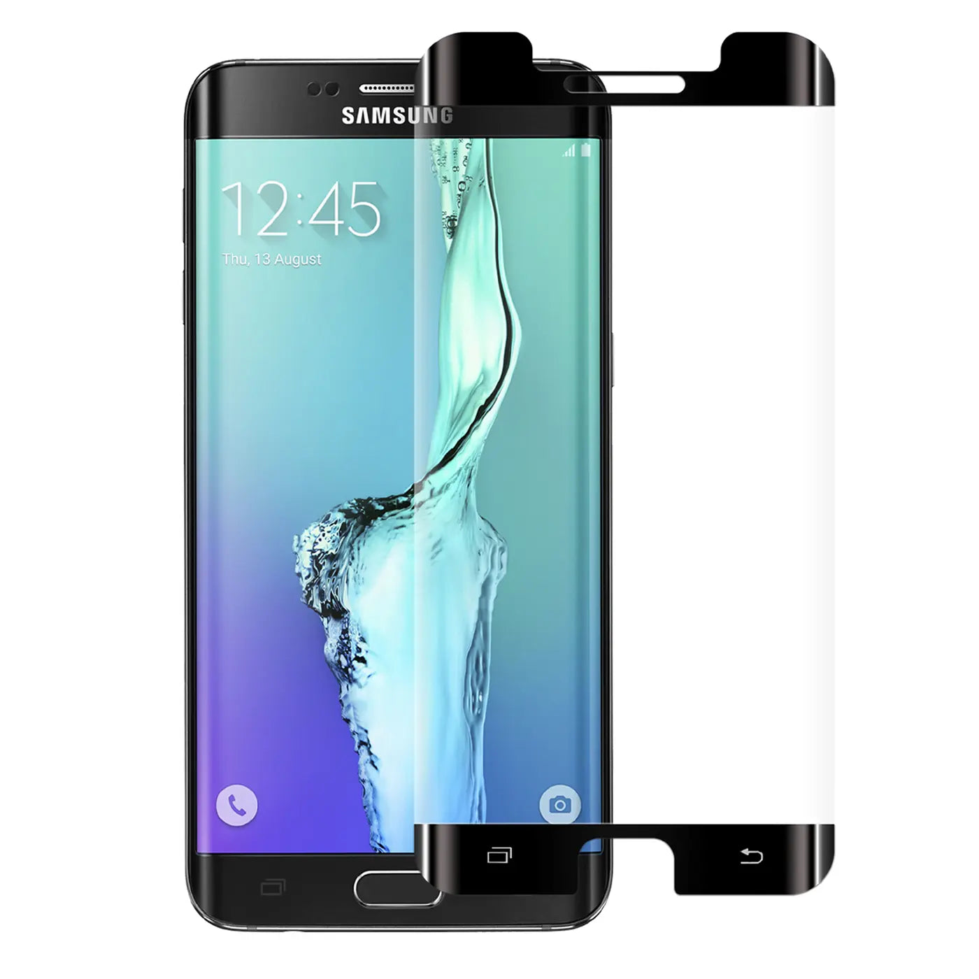 Schwarzes Fullscreen Panzerglas für Samsung Galaxy S6 Edge, schräg neben dem Handy, Vorderansicht.