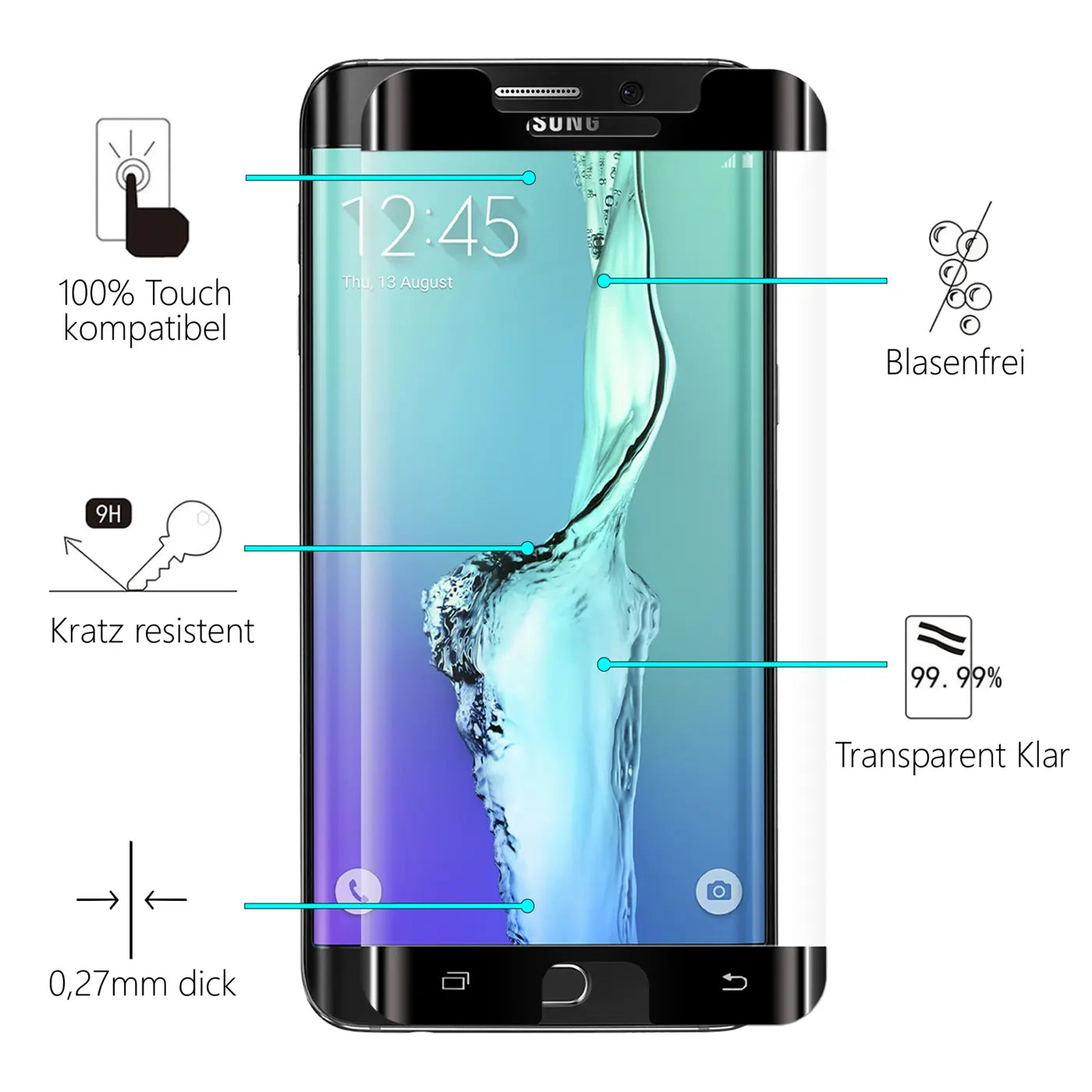 Schwarzes, glänzendes Samsung Galaxy S6 Edge von vorne mit transparentem Panzerglas, umgeben von Produktmerkmalen.