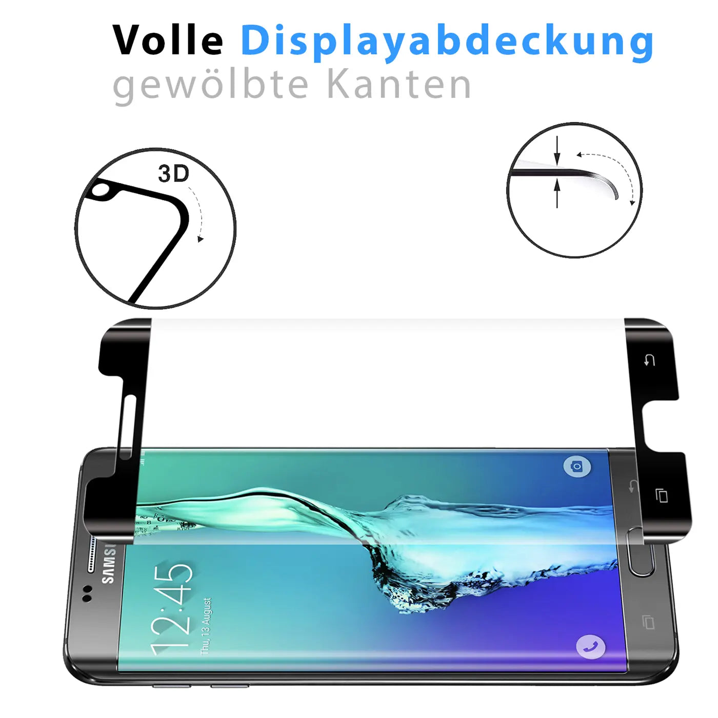 Schwarzes, glänzendes Panzerglas mit gewölbten Kanten über einem Samsung Galaxy S6 Edge, leicht schräg von vorne.