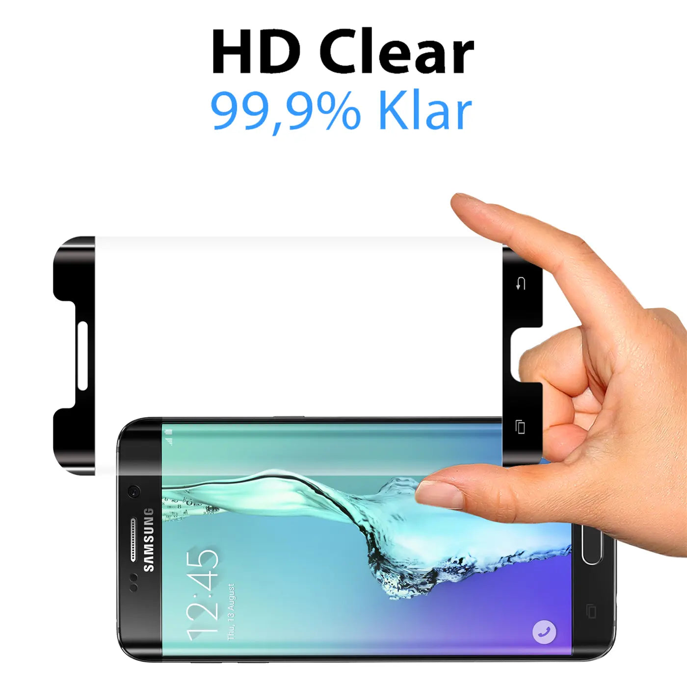 Hand hält transparentes Panzerglas mit schwarzem Rand über einem schwarzen Samsung Galaxy S6 Edge, Draufsicht.