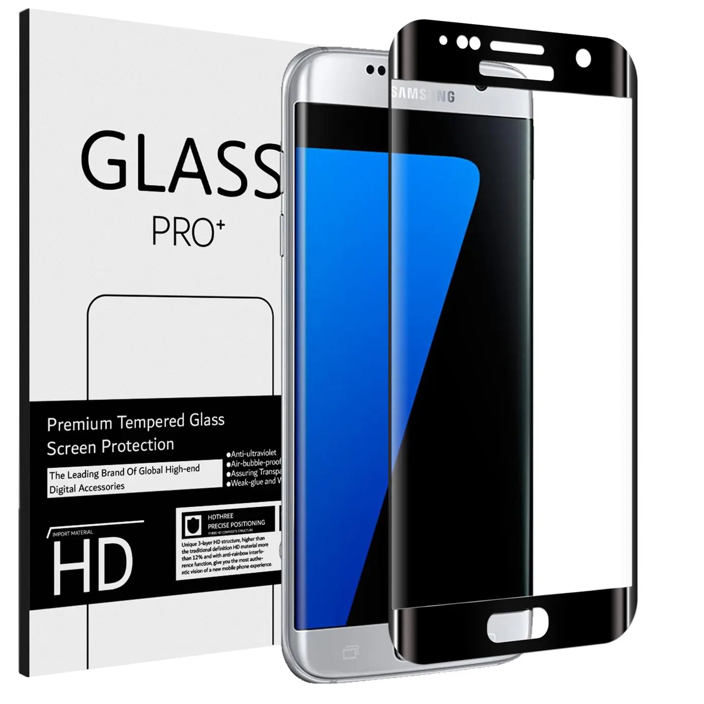 Schwarzes Panzerglas für Samsung Galaxy S7 Edge, daneben ein silbernes S7 Edge und eine weiße Verpackung "GLASS PRO+".