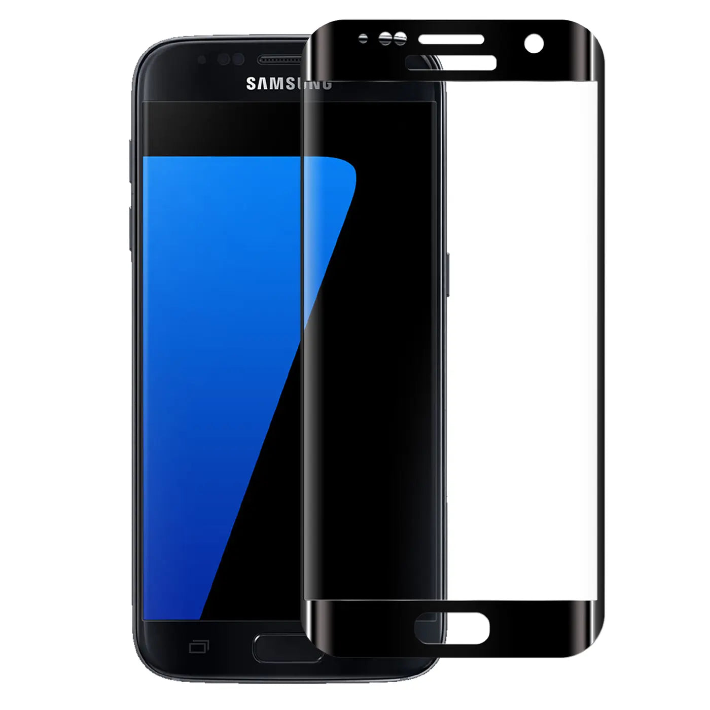 Schwarzes Panzerglas für Samsung Galaxy S7 Edge, leicht rechts vom schwarzen Smartphone, Vorderansicht.