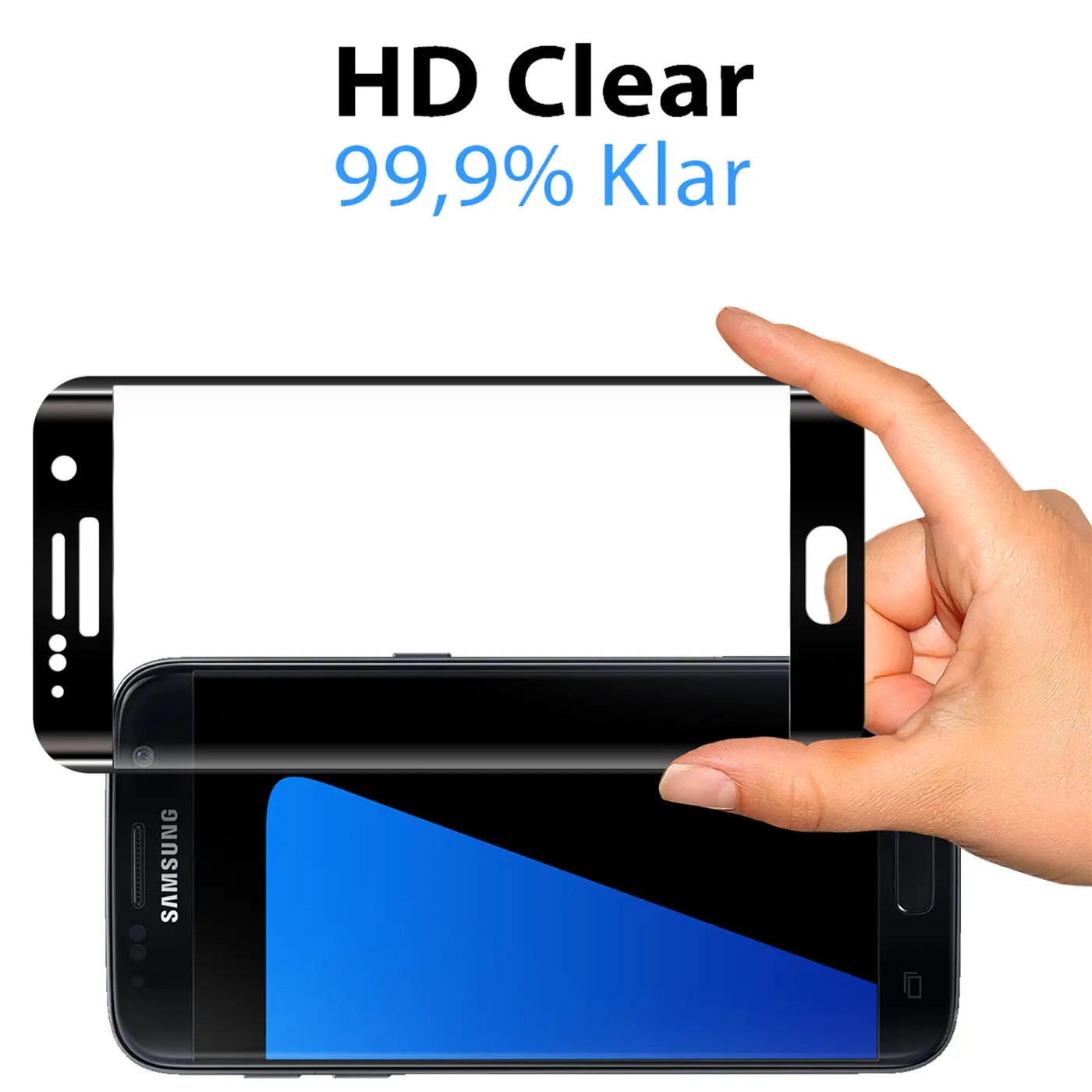 Hand hält schwarzes, klares Panzerglas über ein schwarzes Samsung Galaxy S7 Edge. Frontalansicht.