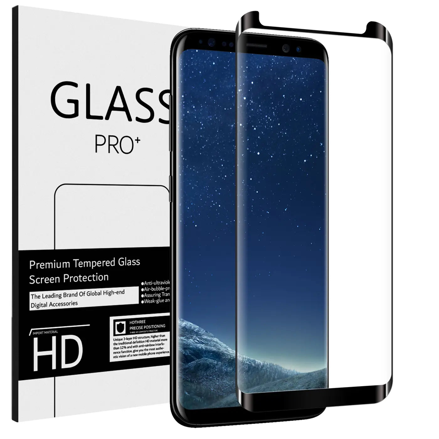 Schwarzes Panzerglas für Samsung Galaxy S8 Plus, daneben ein zweites weißes mit schwarzem Rand und die weiße Verpackung.
