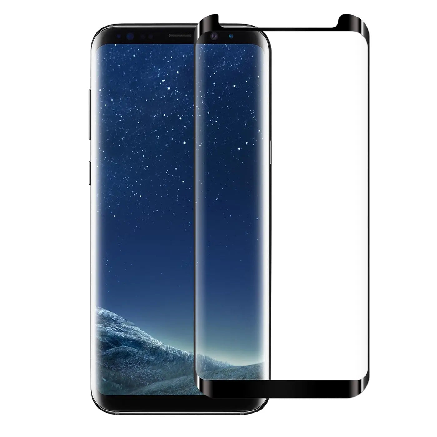 Schwarzes Samsung Galaxy S8 Plus von vorne, daneben ein schwarzes Panzerglas mit weißem Displaybereich.