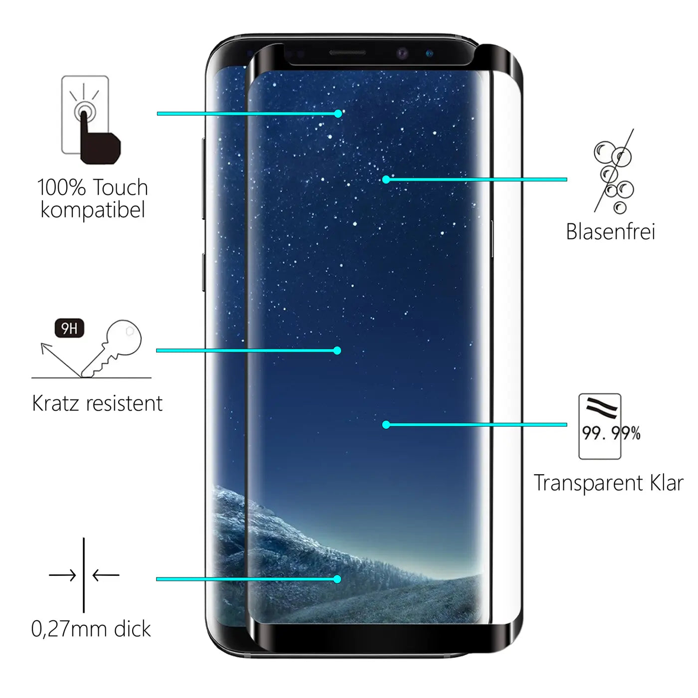 Transparentes Panzerglas für Samsung Galaxy S8 Plus, von vorne, mit blauen Linien zu Eigenschaften wie "Kratz resistent".