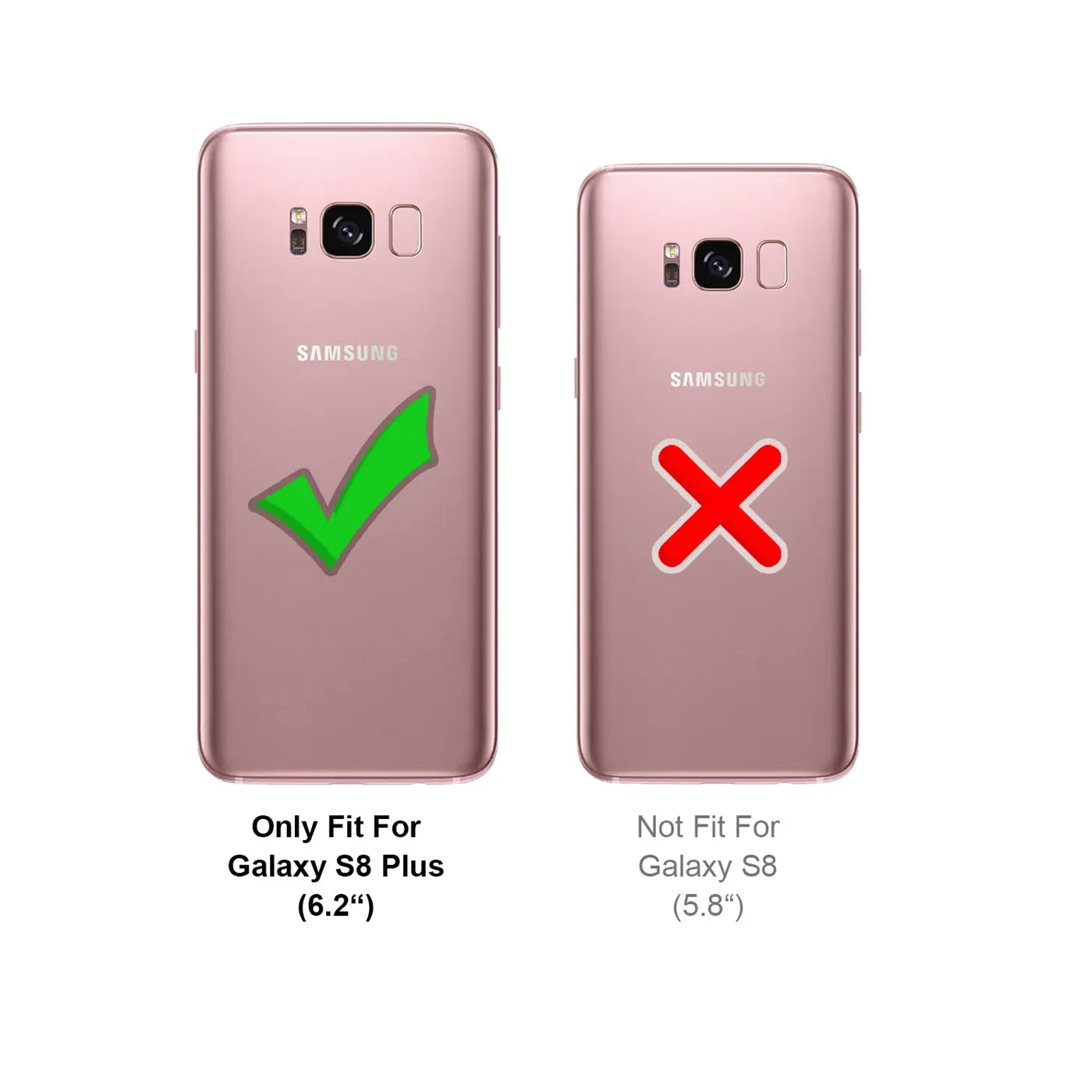 Rückseite von zwei roségoldenen Samsung Galaxy S8/S8 Plus Handys, von oben. Links mit grünem Haken, rechts mit rotem X.