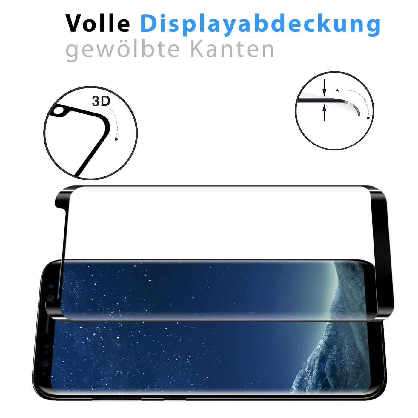 Schwarzes, gebogenes Panzerglas von oben auf ein Samsung Galaxy S8 Plus gelegt, mit Detailansichten der 3D-Kanten.