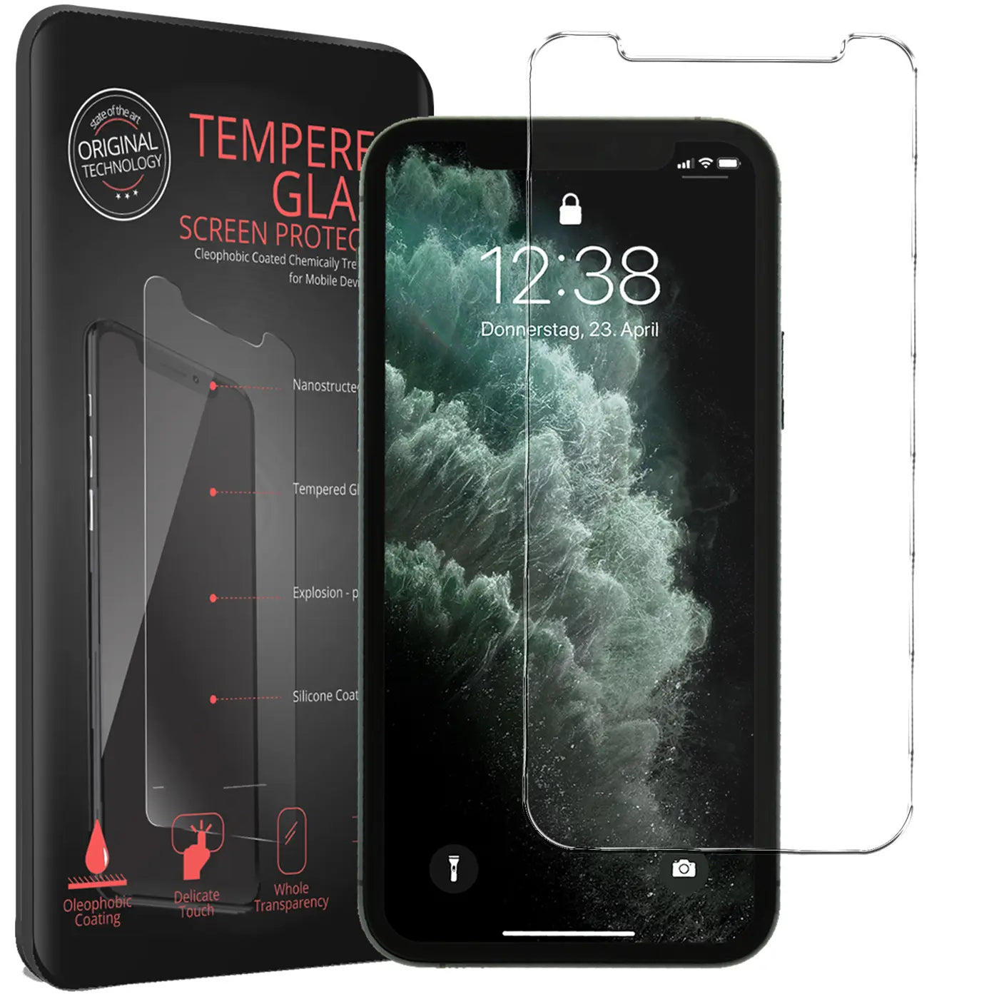 Schwarze Verpackung mit Panzerglas-Abbildung, daneben iPhone 11 mit angebrachtem Panzerglas und ein weiteres daneben.