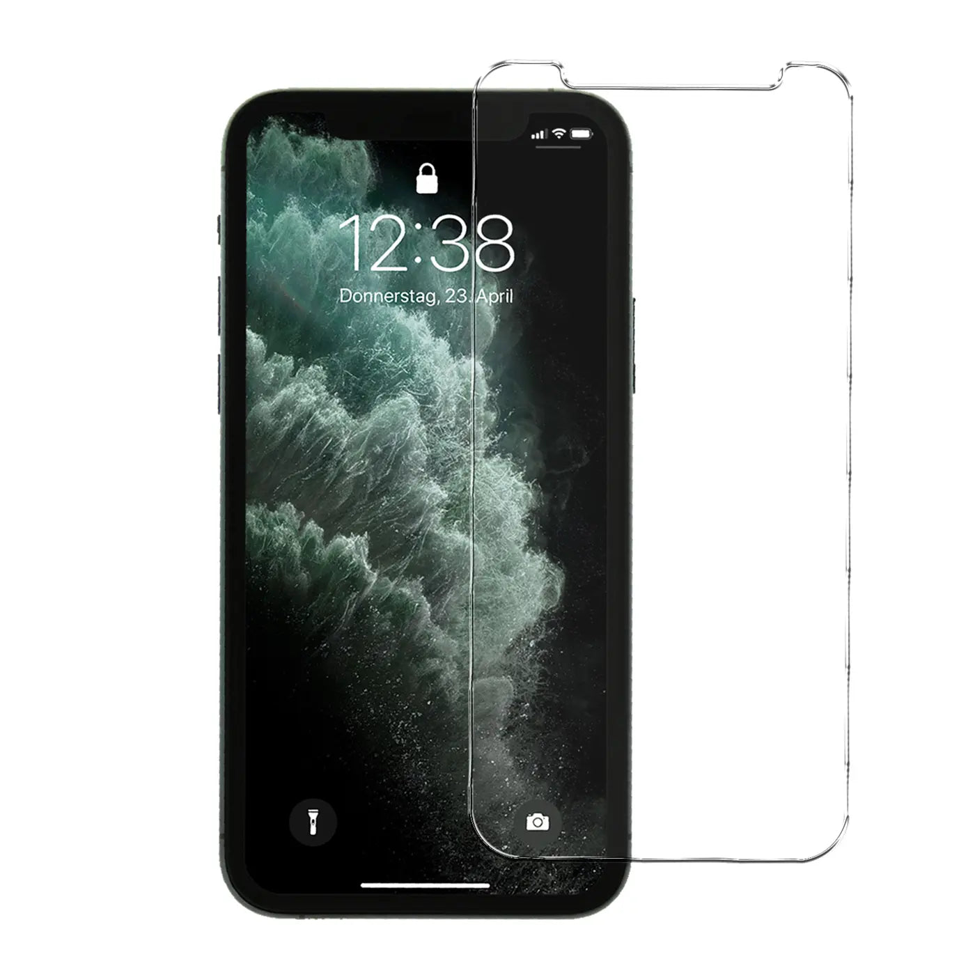 Schwarzes iPhone 11 mit Display-Hintergrundbild (grüne Wellen) und transparentem Panzerglas-Displayschutz von vorne.