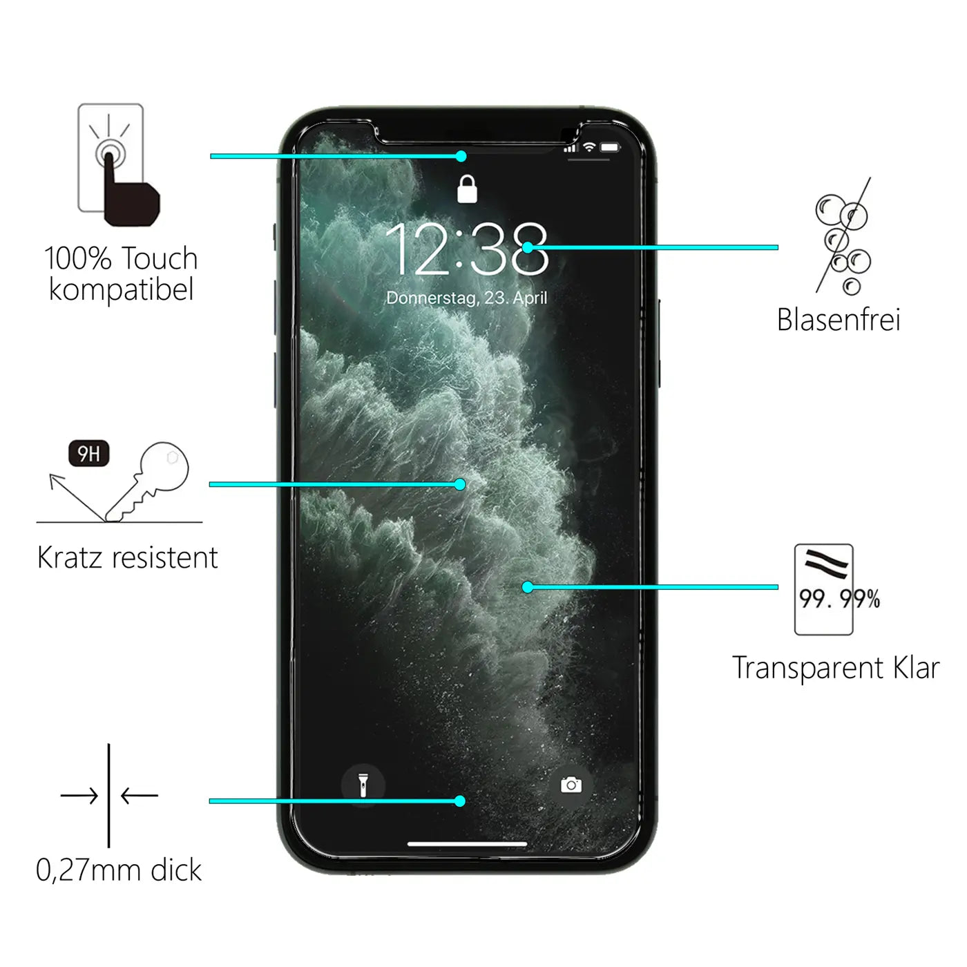 Schwarzes iPhone 11 mit Panzerglas-Displayschutz, Frontansicht. Eigenschaften wie "Kratz resistent" und "0,27mm dick" sind.