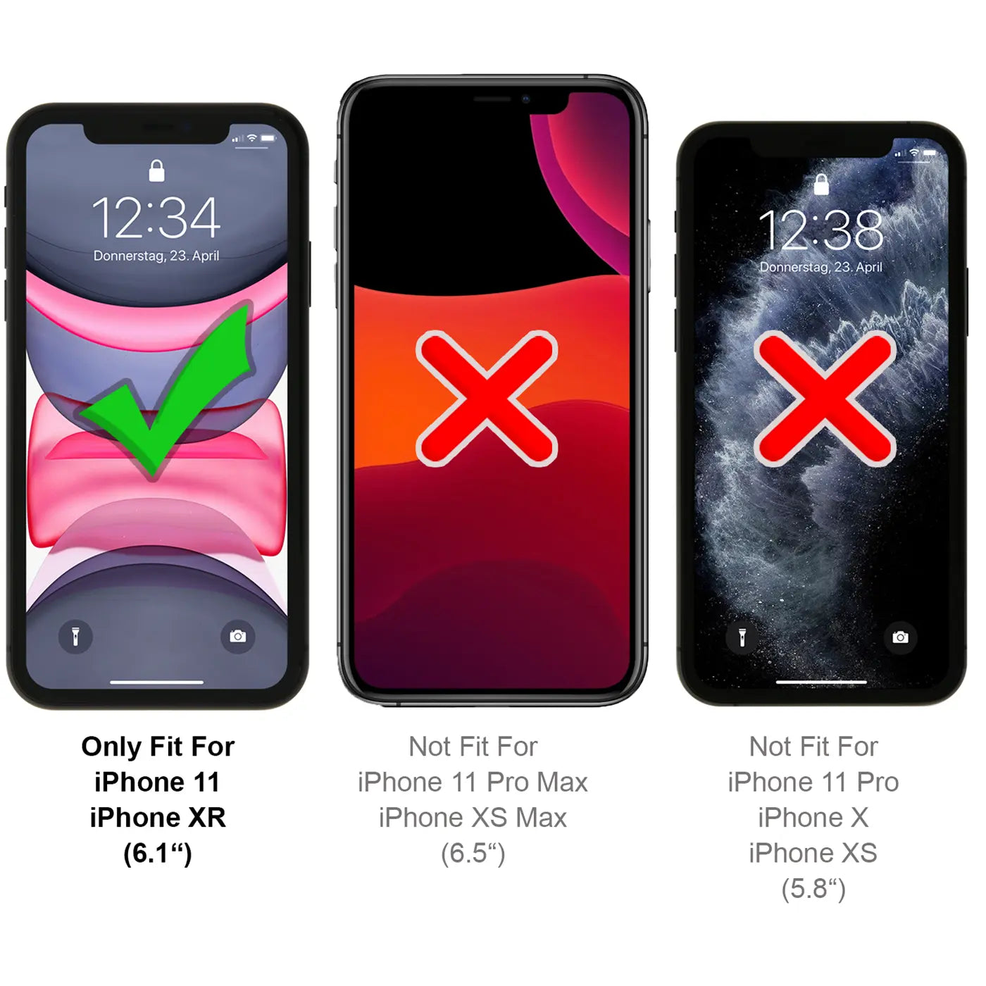 Drei schwarze iPhones von vorne: Links mit grünem Haken (iPhone 11/XR), Mitte und rechts mit rotem X (andere Modelle).