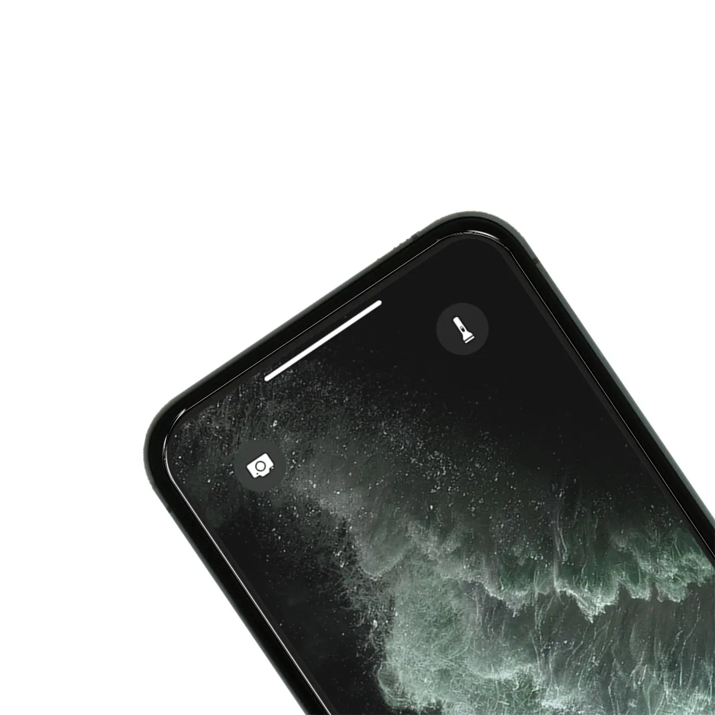 Schwarzes iPhone X/XS/11 Pro mit Panzerglas-Displayschutz, schräg von oben, mit Staubpartikeln auf dem Glas.