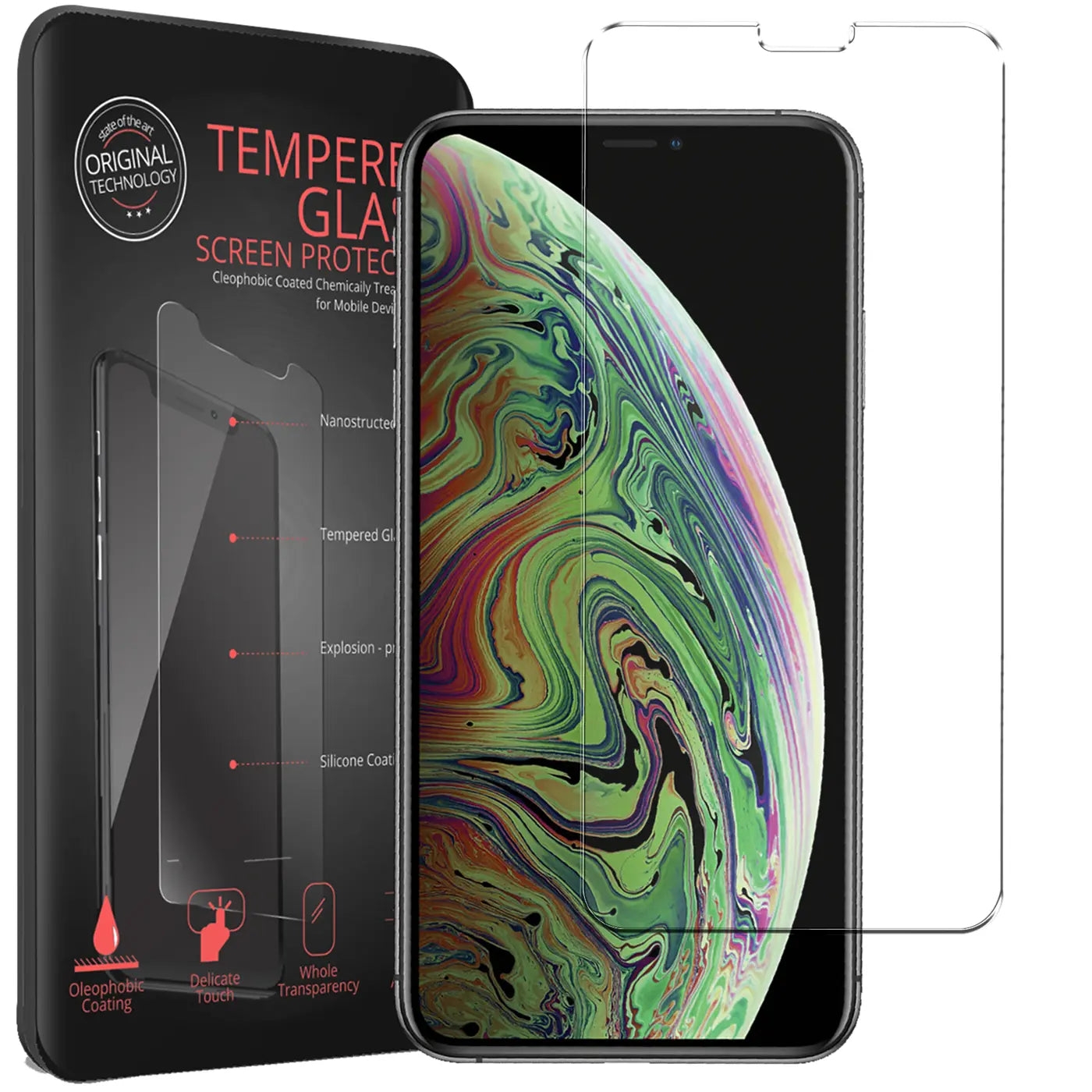 Schwarze Verpackung, iPhone Xs Max / 11 Pro Max mit bunten Display und 2 transparente Panzerglas-Displayschutzfolien.