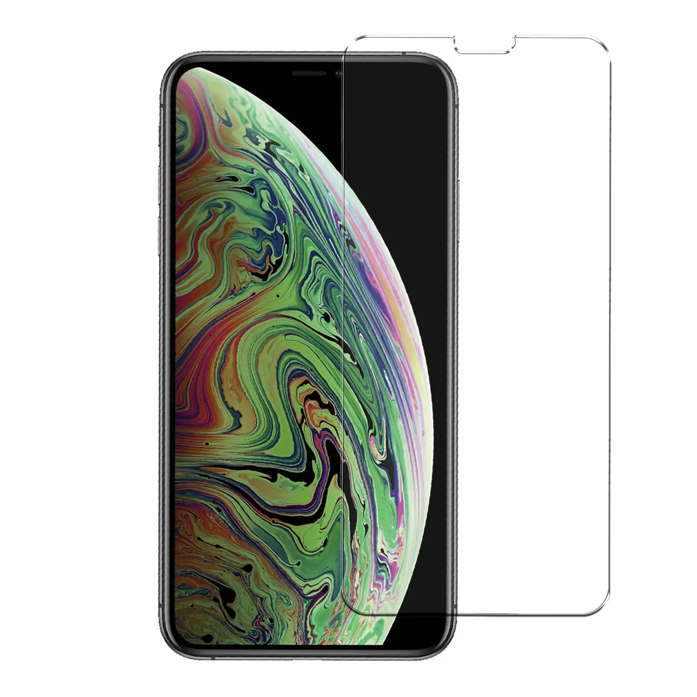 Schwarzes iPhone Xs Max/11 Pro Max frontal mit buntem Display und einem transparenten Panzerglas-Displayschutz daneben.