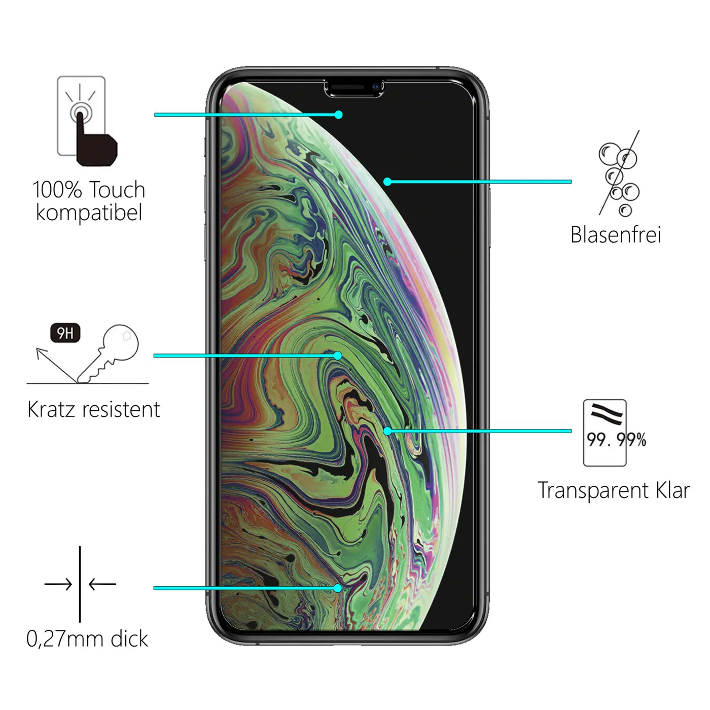 Schwarzes iPhone Xs Max/11 Pro Max mit farbigem Display, frontal, umgeben von Icons und Texten zu.