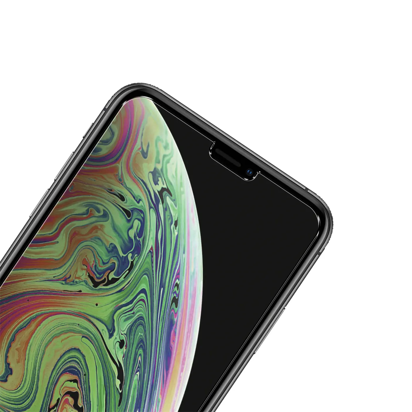 Schwarzes iPhone Xs Max/11 Pro Max mit installiertem, transparentem Panzerglas-Displayschutz, schräg von oben rechts.