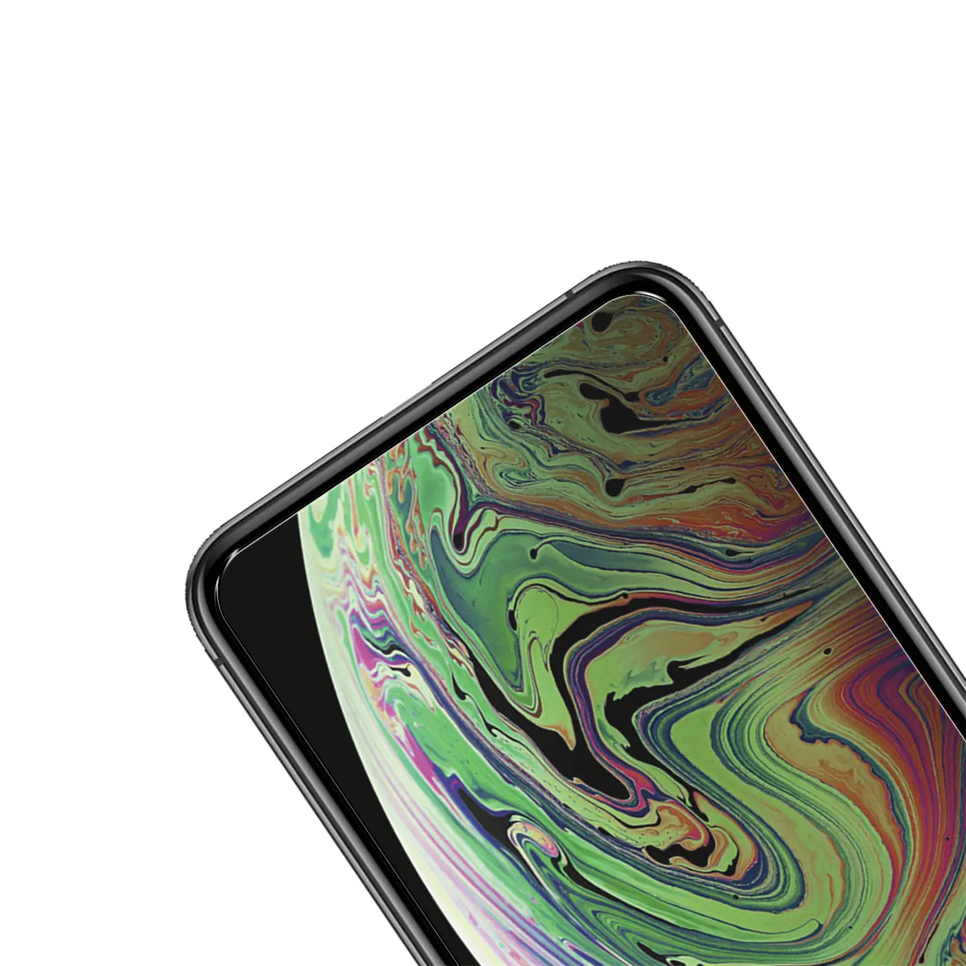Schwarzes iPhone mit installiertem, transparentem Panzerglas Displayschutz, schräg von oben rechts fotografiert.