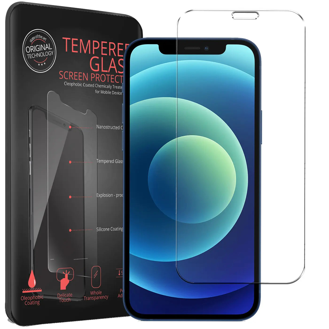 Schwarze Verpackung, iPhone 12/12 Pro mit angebrachtem und einem separaten transparenten Panzerglas-Displayschutz.